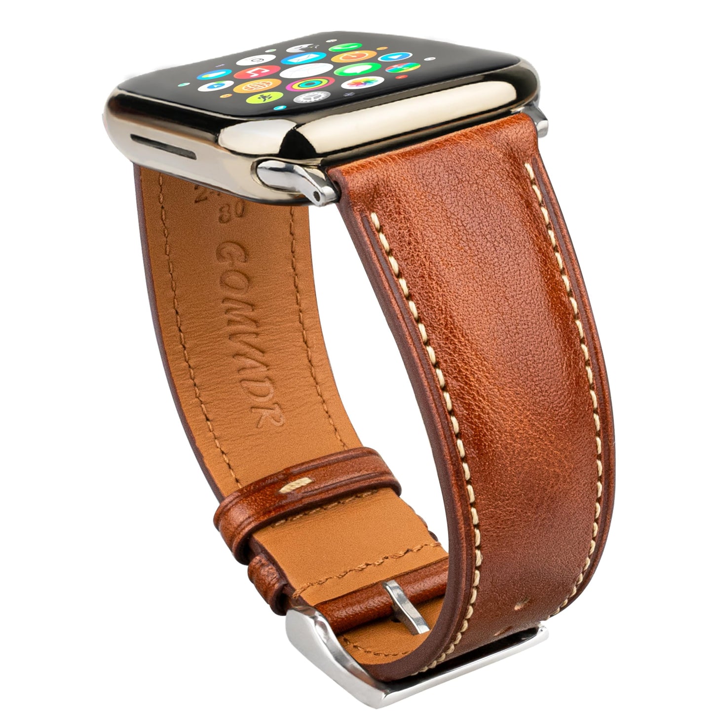 Gomvadr Leather Bands Compatible with Men's Apple Watch Band 49mm Ultra, Replacement Leather Strap for Mens iWatch Ultra 3/2/1 (Cognac/Silver, Ultra 2/1)