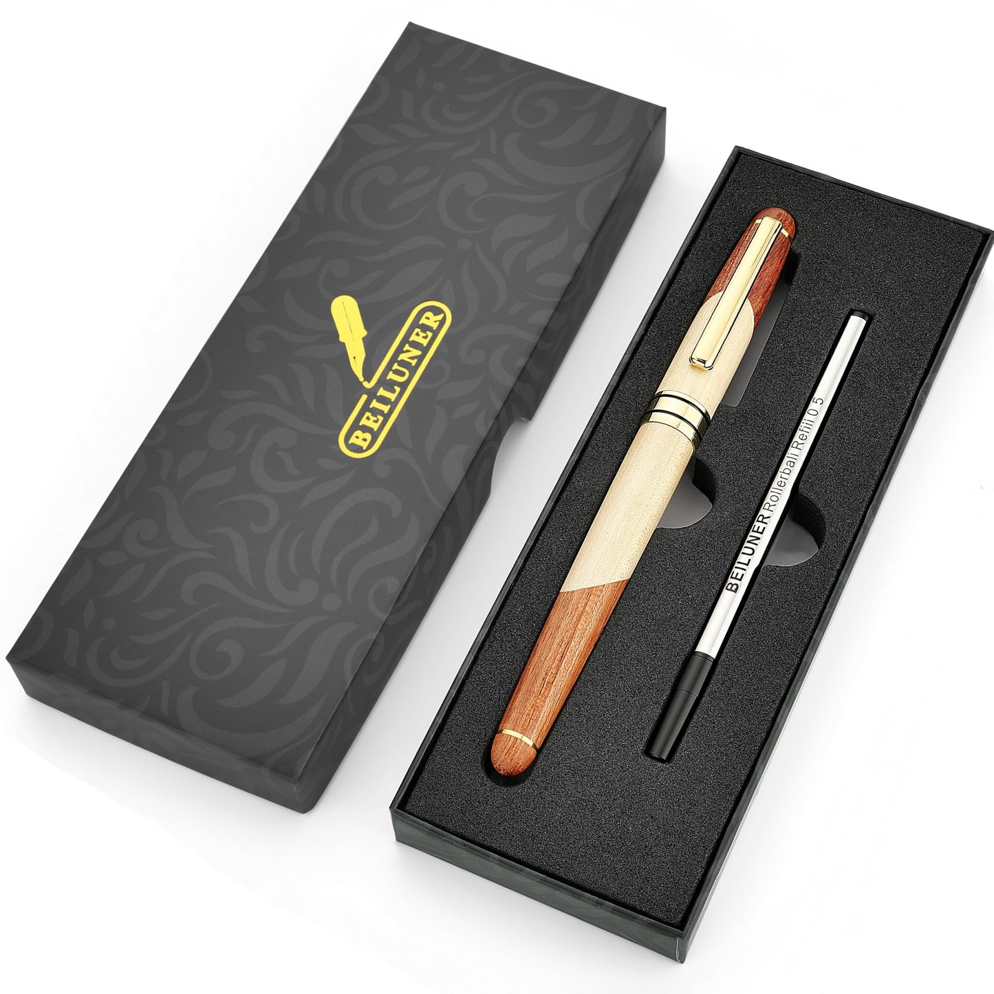 BEILUNER Luxury Wood Ballpoint Pen Writing Set,Maple-Elegant Fancy Nice Gift Pen Set for Signature Calligraphy Office Fancy Nice Supplies - Christmas Gift Boxed with Extra Refills (Black)