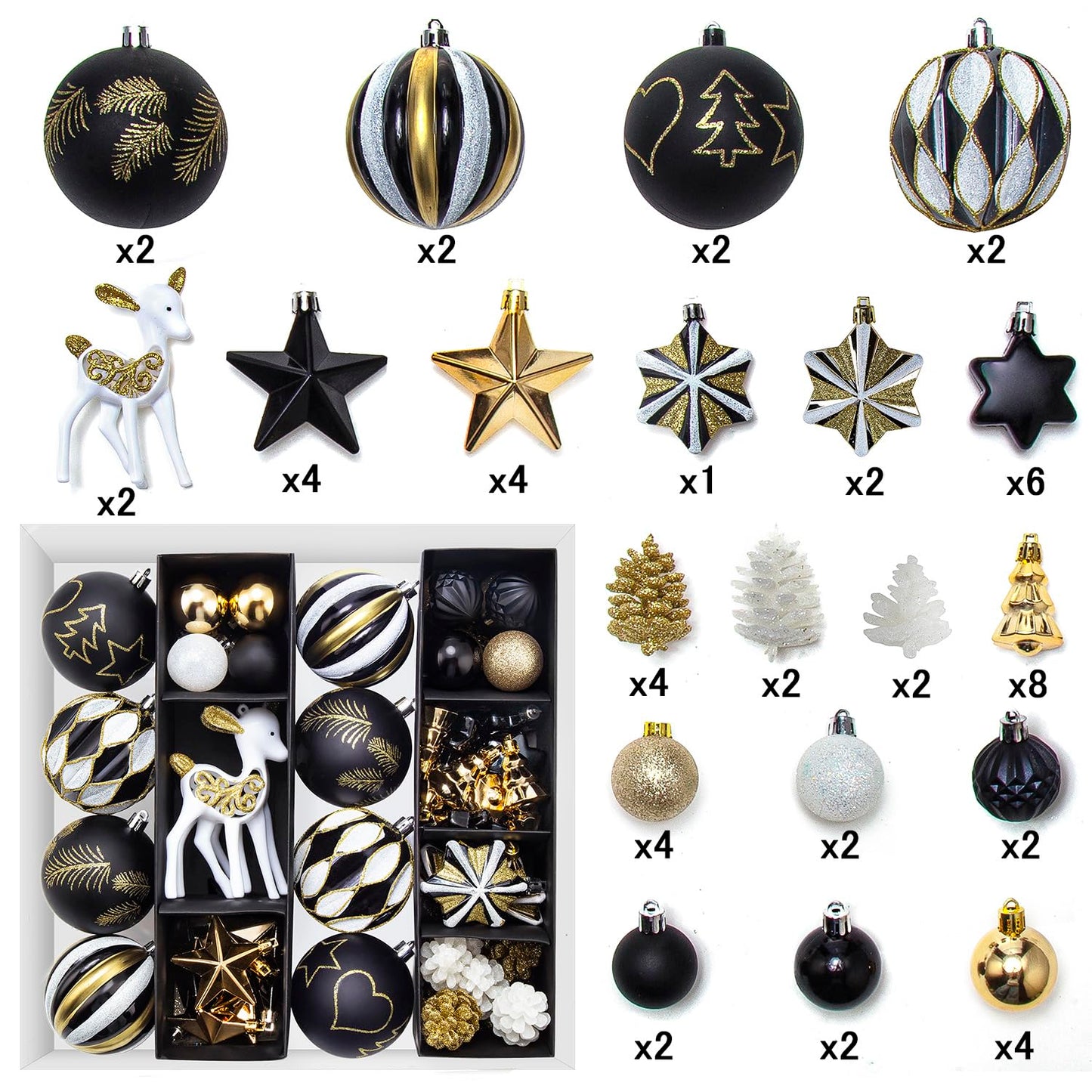 59 Pcs Black White Gold Christmas Ornaments Set, Reindeer Hanging Ornaments