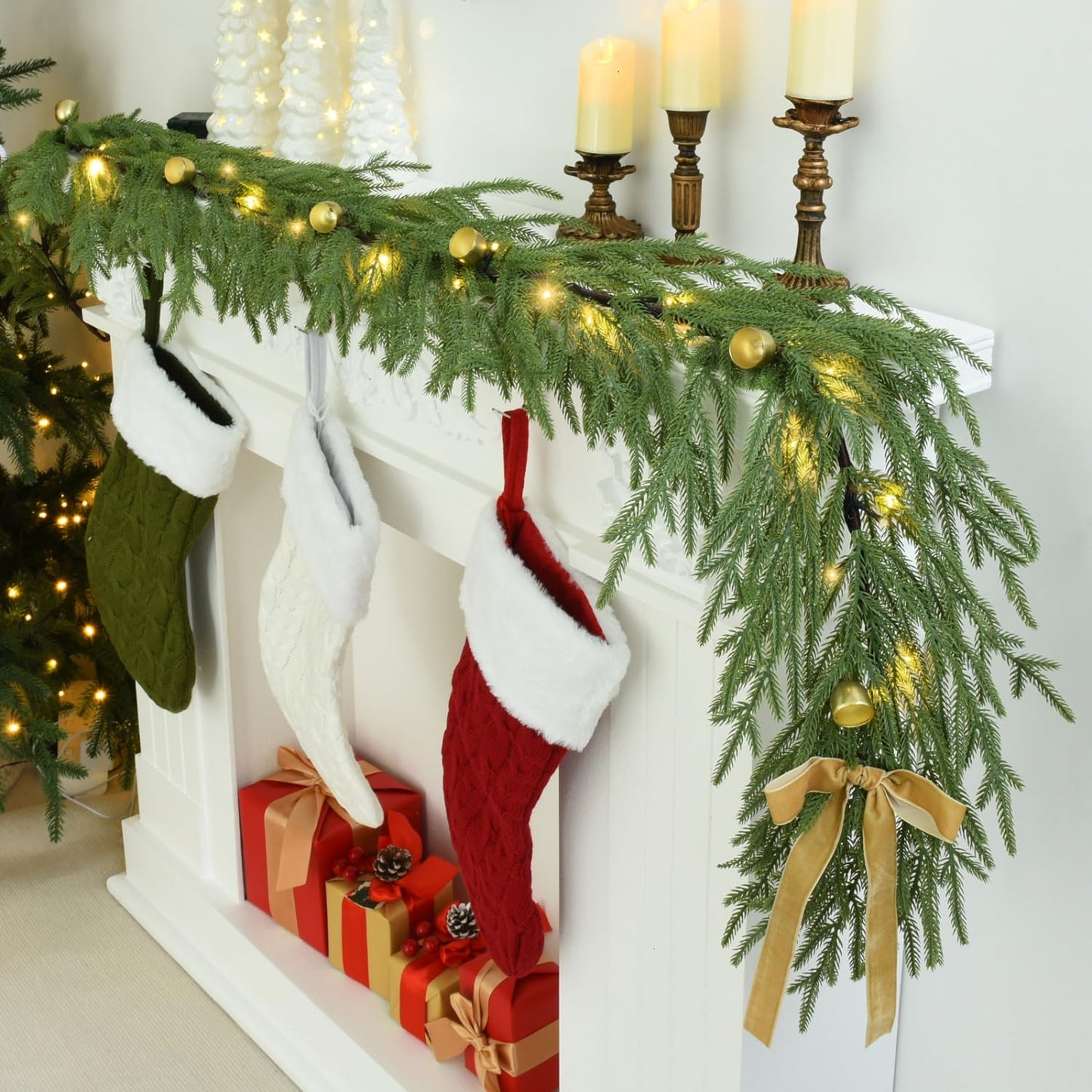 YoleShy 6FT Real Touch Norfolk Pine Garland Christmas Garland with Bell Battery Operated Prelit Garlands Christmas Decorations for Mantle Fireplace Xmas Garland Home Decor