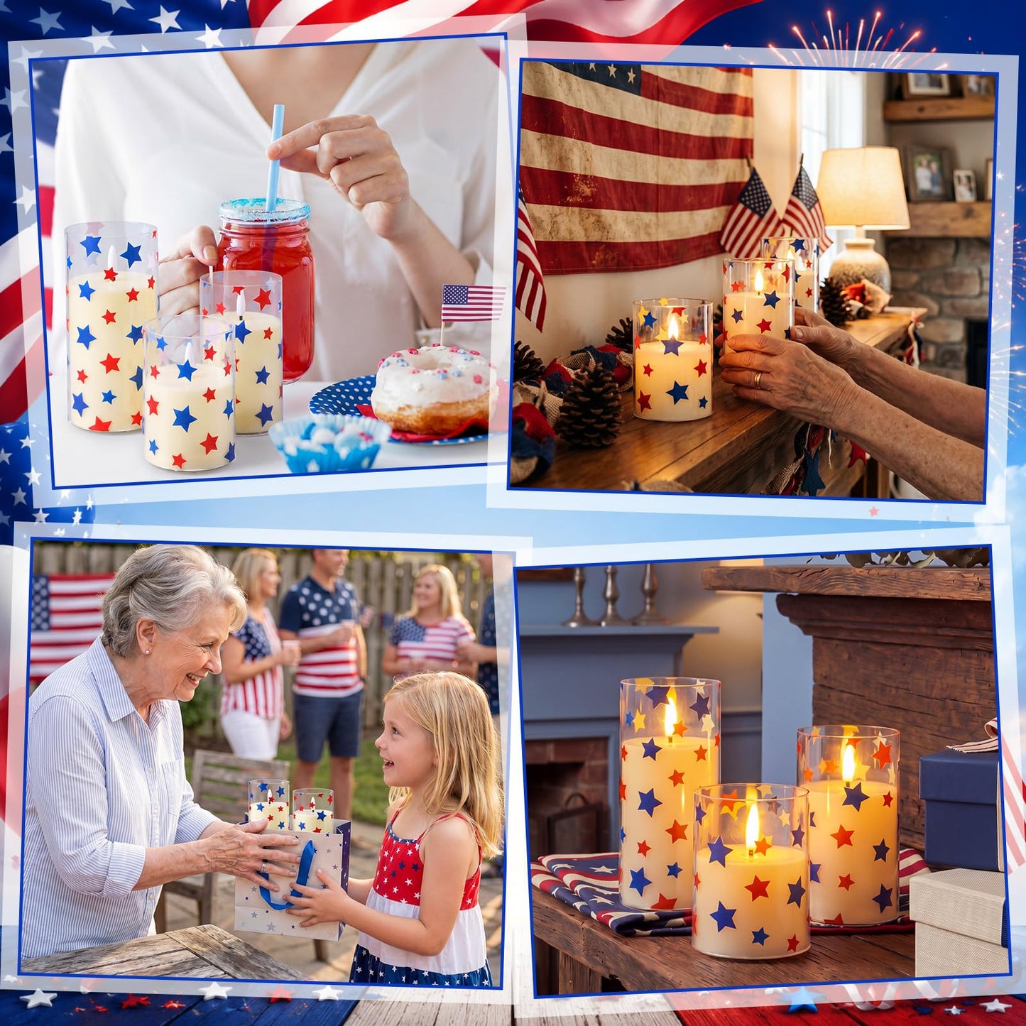 Blosssound 3 Pack 4th of July Flameless Candles Battery Operated Independence Day Stars in Blue Red Flameless Flickering Candles LED for Gifts Home 250th Patriotic Holiday 4th of July Table Decoration