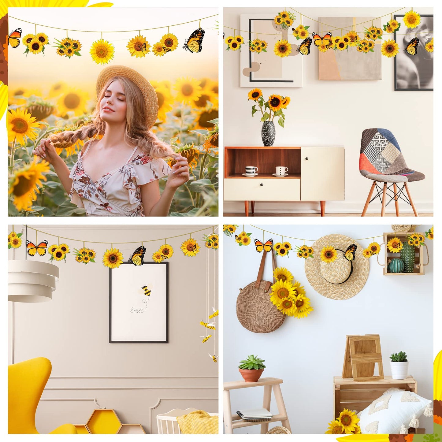 Qunclay 36 Pcs Sunflower Tree Decorations Summer Wooden Ornaments Spring Yellow Flower Butterfly Hanging Ornament Summer Sunflower Wood Pendant with Rope for Small Tree Home Party Decor