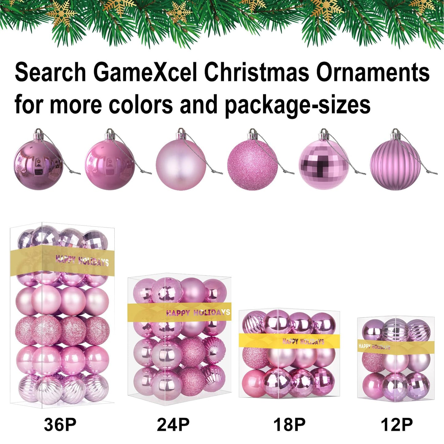 GameXcel 24Pcs Christmas Balls Ornaments for Xmas Tree - Shatterproof Christmas Tree Decorations Medium Size Hanging Ball Pink 2.5 inch x 24 Pack inch
