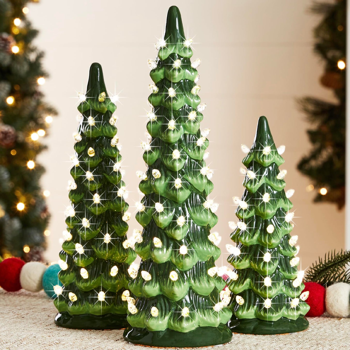Best Choice Products Set of 3 Ceramic Christmas Trees, Pre-Lit Hand-Painted Tabletop Holiday Decoration w/Warm White Bulbs LED Lights – Green