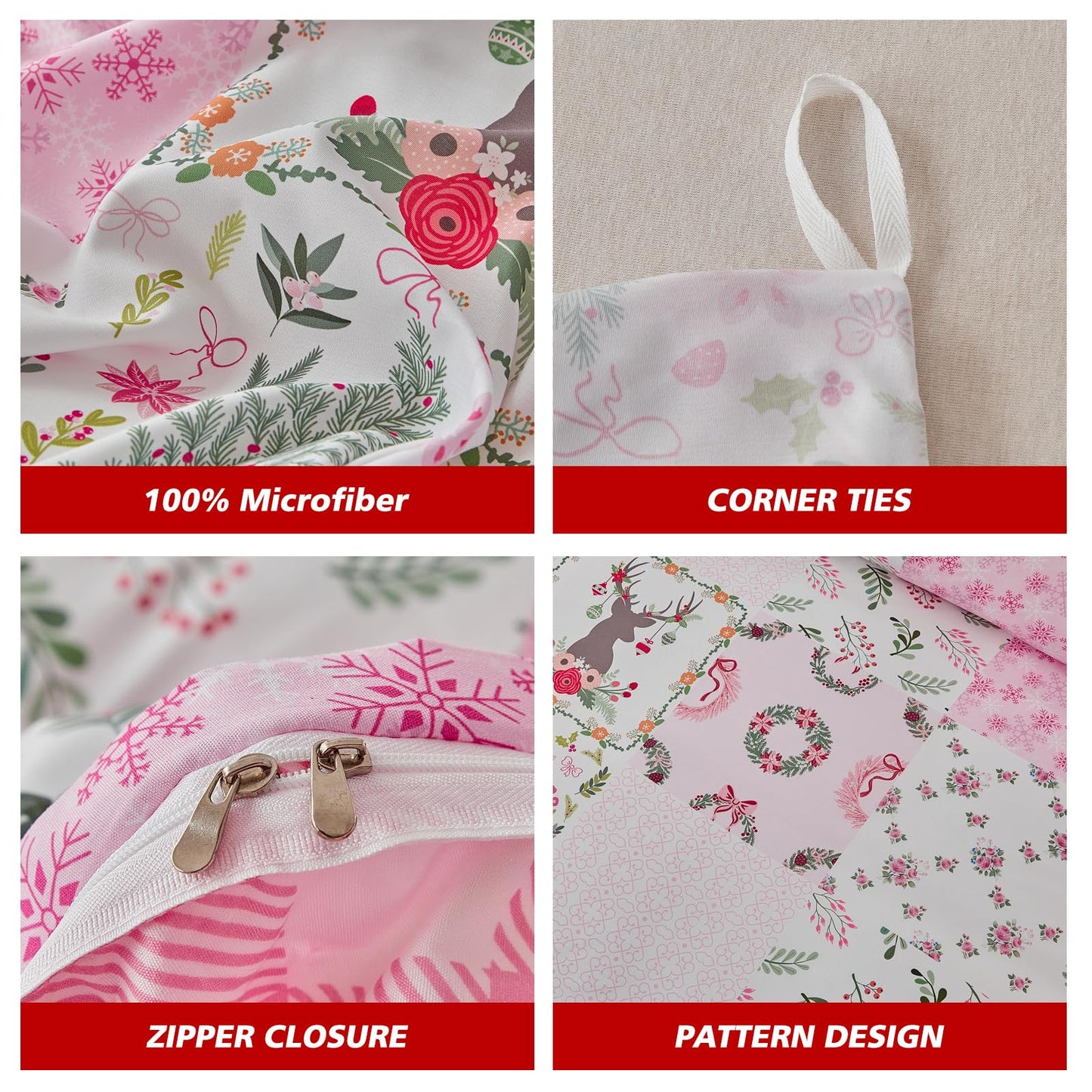 Joyreap 3pcs Christmas Duvet Cover Set King, Pink n White Xmas Patchwork Design Comforter Cover Set, Includes 1 Duvet Cover and 2 Pillow Shams