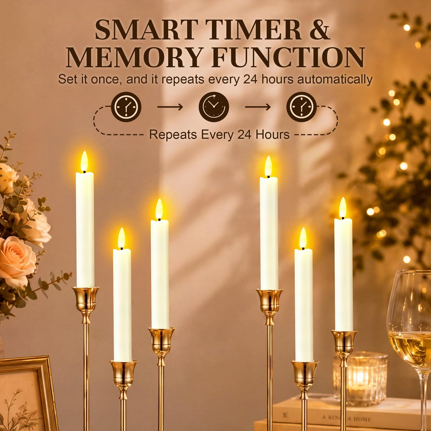 Enhon 6 Pack Flameless Taper Candles with Remote & Batteries, 6.5" Ivory LED Candle Sticks, 3D Flickering Wick, Timer & Dimmable, 624+ Hour Battery Operated Candles for Home, Wedding & Christmas Decor