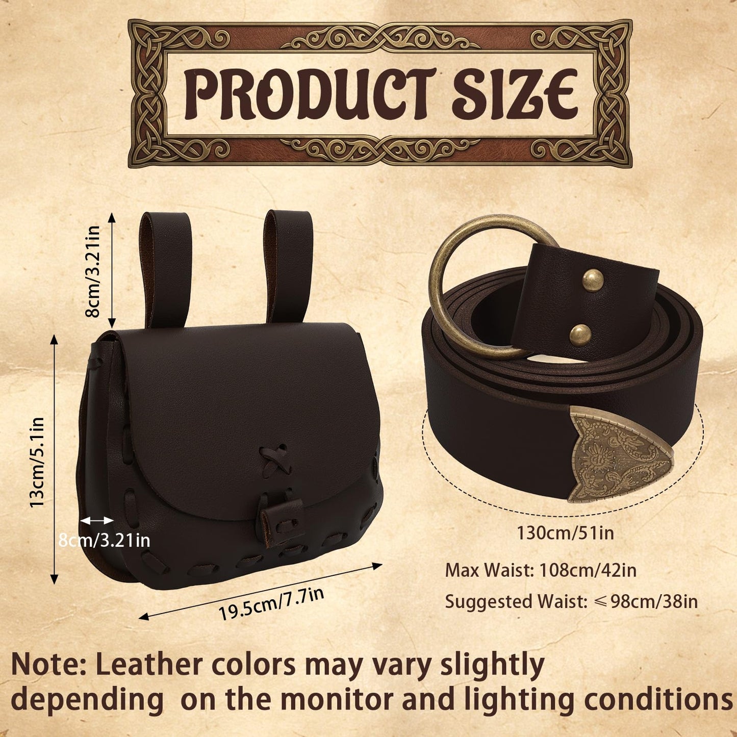 Renaissance Belt Pouch Medieval Costume Accessories Set - Pirate Viking Faux Leather Waist Bag for LARP Cosplay (Brown)