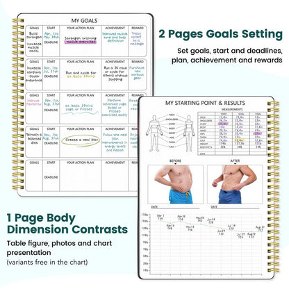 Fitness Journal for Women & Men, Food & Workout Journal Planner Log Book with Measuring Tape, Undated Wellness Planner to Track Weight Loss, Muscle Gain, Home Gym Exercise, Daily Nutrition, 9.5" x 7"