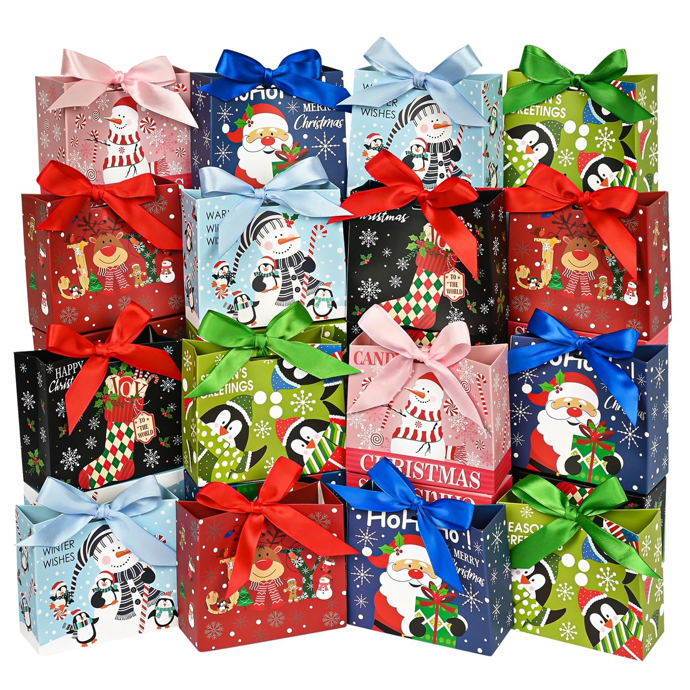 Nimbbex 24Pack Small Christmas Gift Bags Bulk, 4.5×4×1.8 Inches Mini Christmas Gift Bags with Ribbon, small holiday gift bags, Xmas Tree, Party Supplies