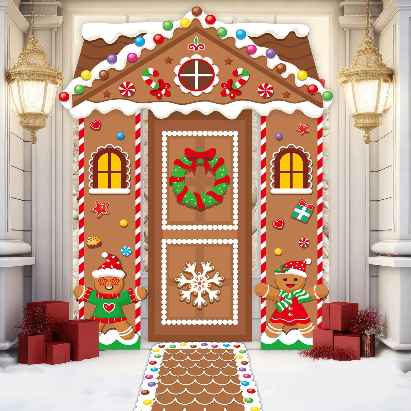 5 Pcs Christmas Gingerbread House Decorations Xmas Candy Gingerbread Door Cover Floor Runner Xmas Candy Hanging Banner Backdrop Christmas Porch Signs for Holiday Classroom Home Candyland Party Decor