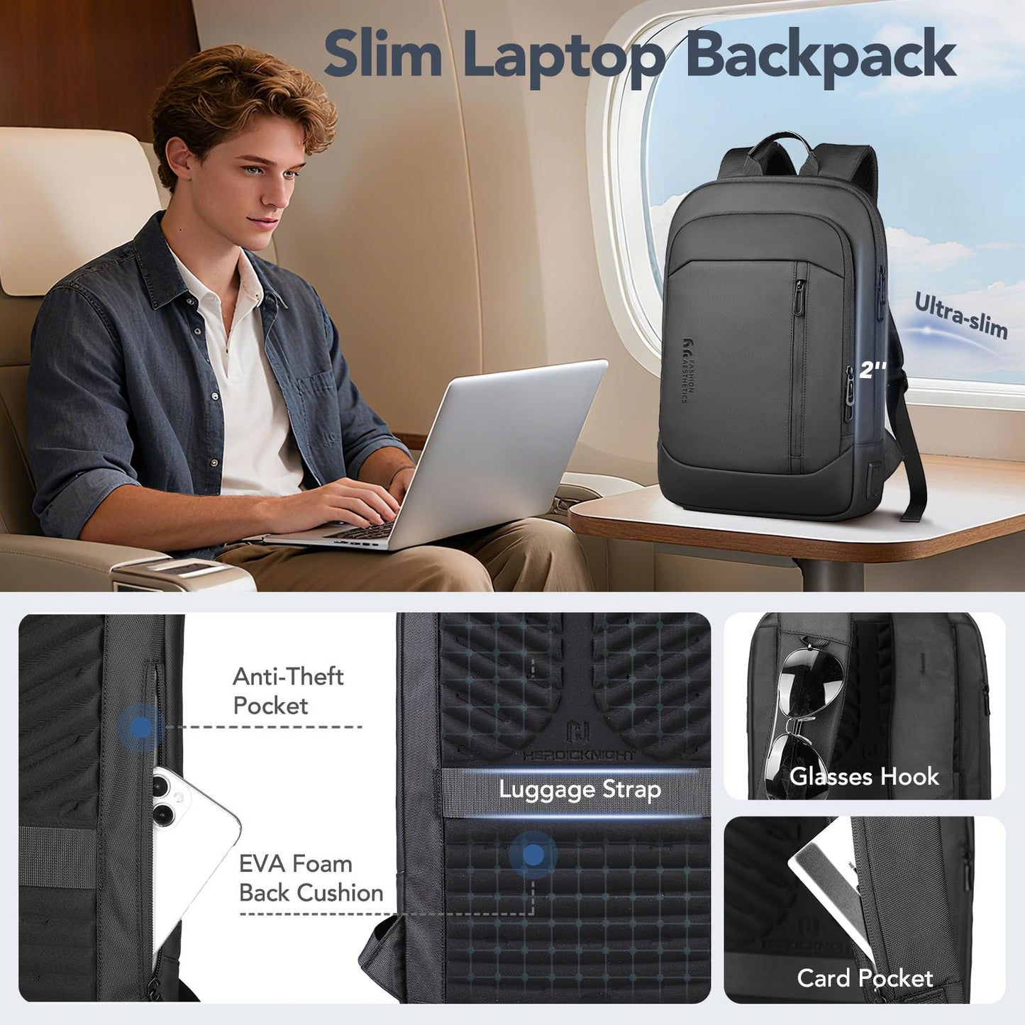 hk Ultra Slim Laptop Backpack for Men, Lightweight Business Backpack for 15.6 Inch Laptop with USB Charging Port, Anti-Theft Water Resistant Computer Bag for Work Travel Office, Black