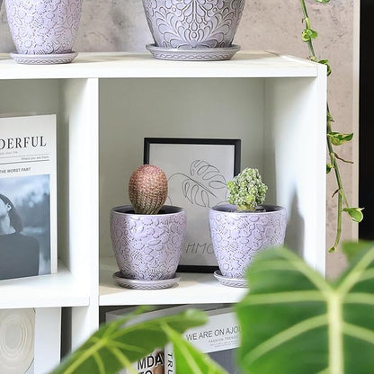 4 Inch Retro Ceramic Planter Set of 4 with Drainage Hole and Saucer for Plants, Indoor-Outdoor Small Garden Pots for Succulent, Herb and Flower (Fits Inner Pots Up to 3 Inch, Retro Purple)