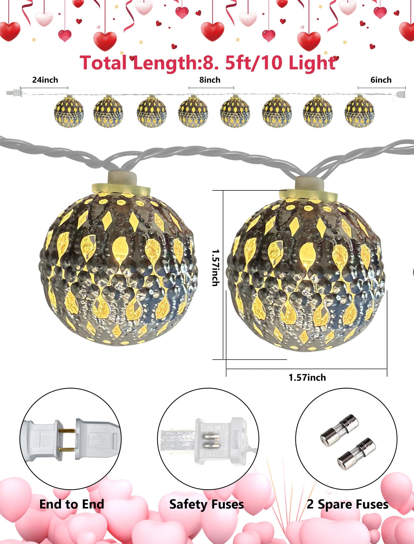 8.5Ft LED Moroccan Style String Lights Plug in, Outdoor Ramadan Decorations String Lights with 10 Silver Metal Ball Lights, Hanging Warm White Globe Fairy Lights for Ramadan Day Wedding Party Home