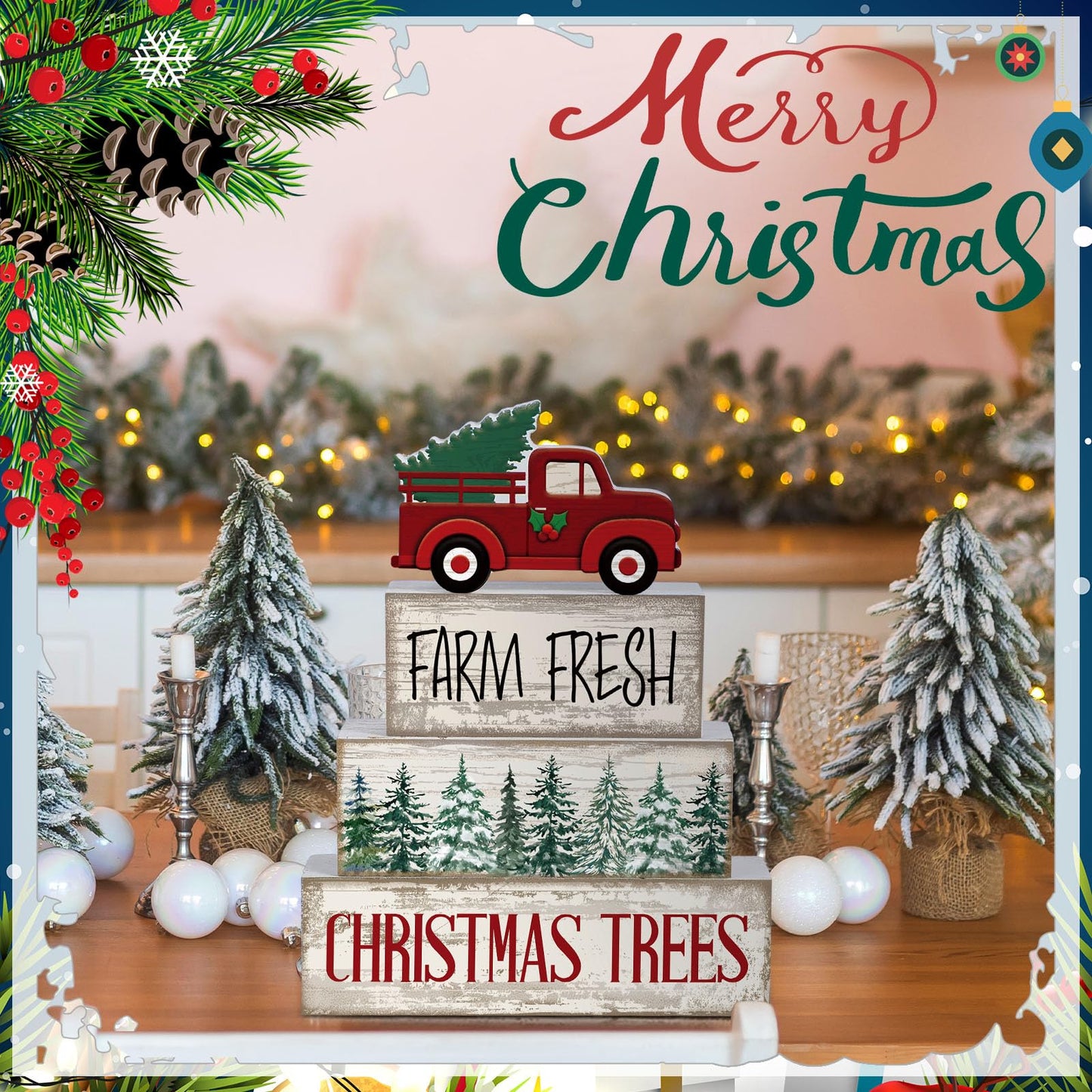 Lineshading 4 Pcs Christmas Decor Wooden Red Truck Winter Tiered Tray Decor Rustic Merry Christmas Table Centerpiece Wood Red Truck Block Sign Gift Farmhouse for Home Kitchen Tabletop Office Shelf