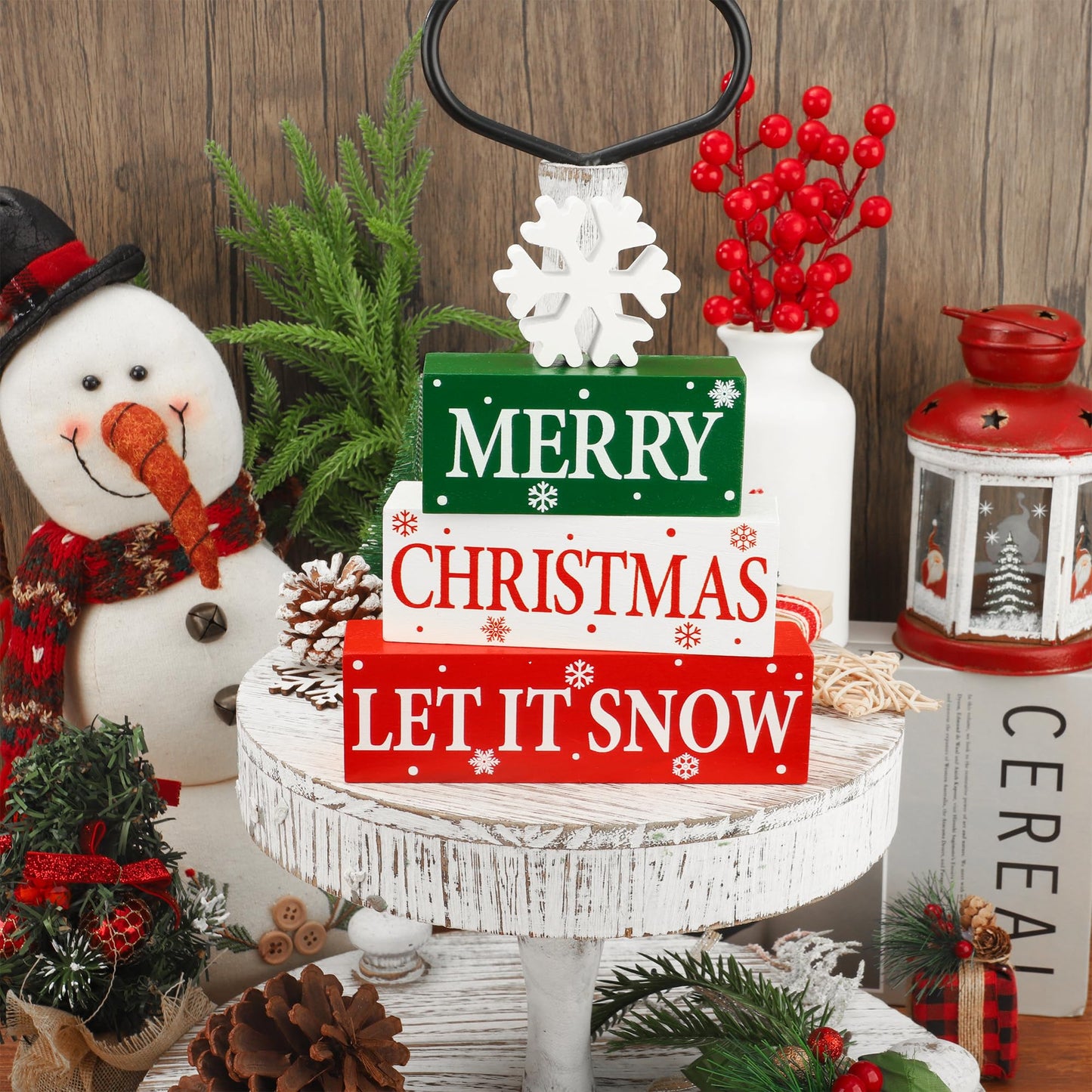 4 Pcs Merry Christmas Wooden Tabletop Decor Let It Snow Table Centerpiece Snowflake Table Sign Xmas Tiered Tray Decor Red Green Wood Block for Xmas Holiday Home Office Kitchen Desk Shelf Decors