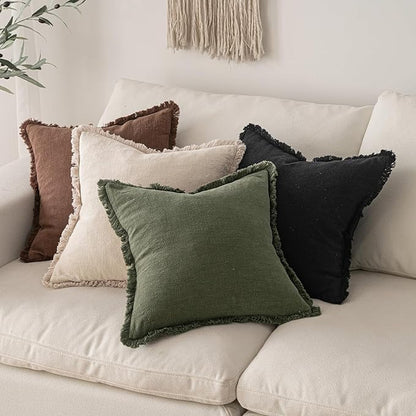 MIULEE Decorative Throw Pillow Covers Neutral Linen Fringe Throw Pillows Set of 2 Black Boho Farmhouse Cushion Covers with Tassels for Couch Sofa Bed Living Room Spring Home Decor 20x20 Inch