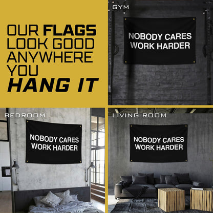 Gold Trident Flags Nobody Cares Work Harder Motivational Gym Banner – Discipline Poster for Gym, Dorm, Home Workout Space – Cool Fitness Wall Decor – Durable Polyester, Double Stitched Flag – 3x5 Feet