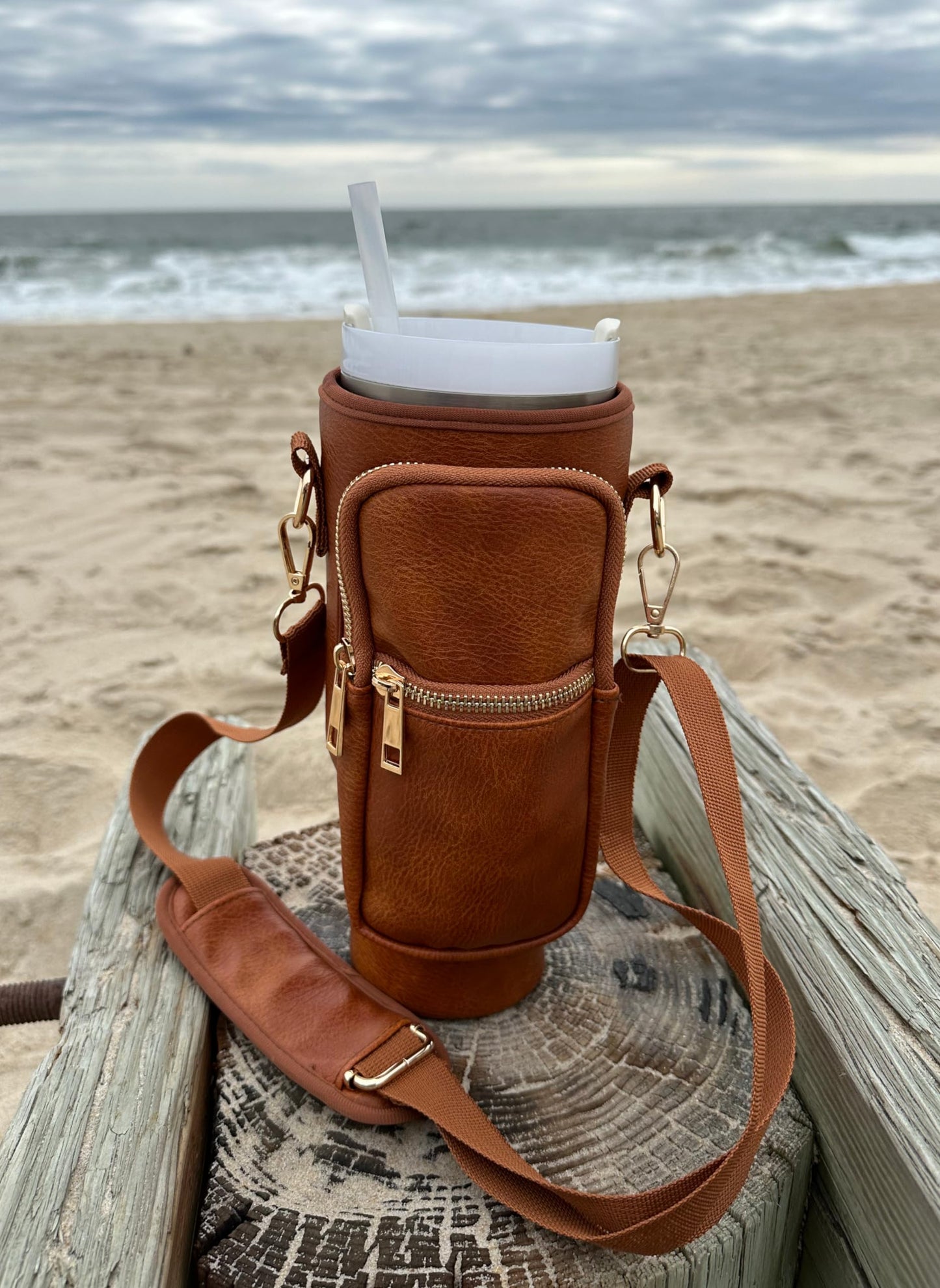 Resin & Reed Water Bottle Carrier Bag with Phone Wallet, Compatible with 40oz Stanley and Other Tumblers (Brown Pleather)