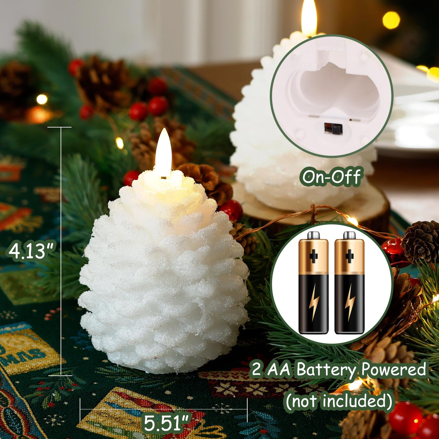 Christmas Flameless Pine Cone Candles with Remote Timer, Battery Operated Flickering Candles, LED Real Wax Pinecone for Christmas Home Decoration, Set of 2, White with Glass Bead Powder (5.5" X 4.1")