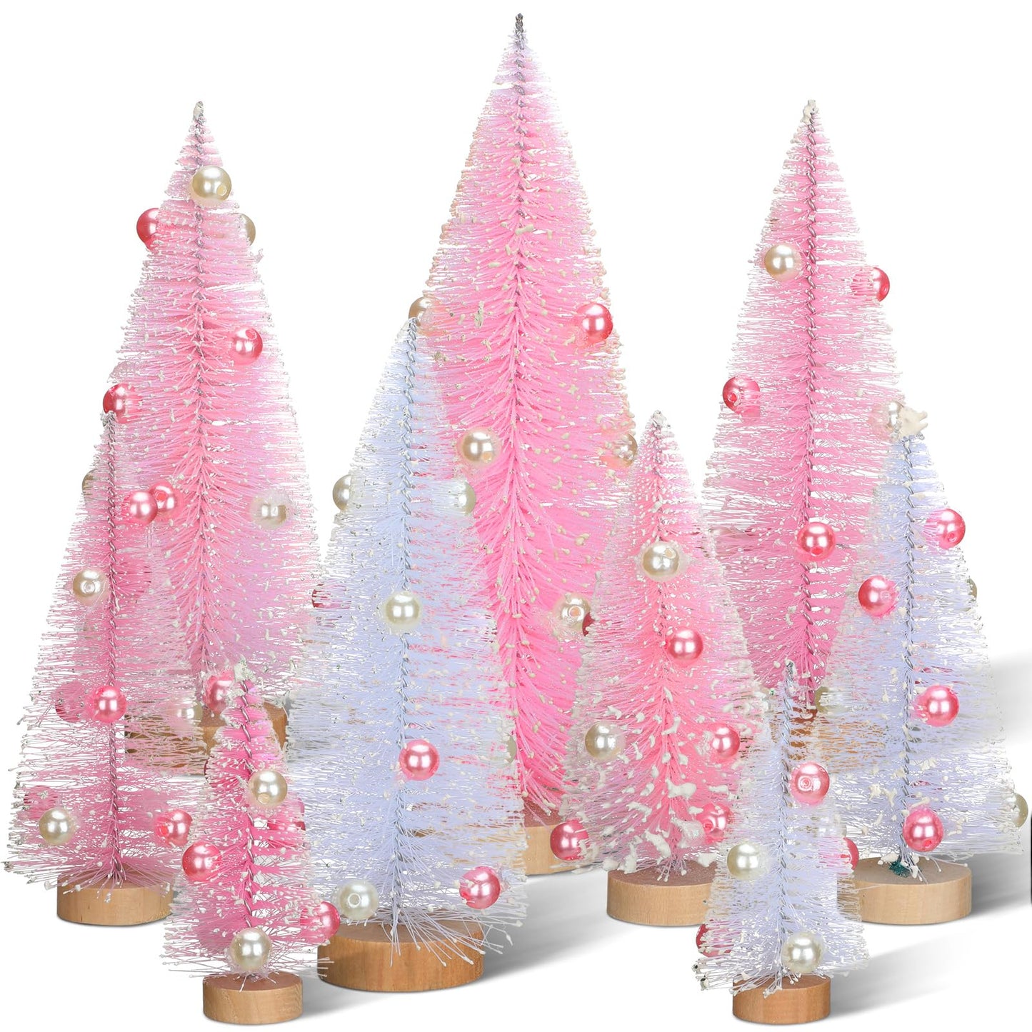 Leyndo 9 Pcs Pink Pearl Artificial Mini Christmas Tree Sisal Bottle Brush Trees with Wood Base Christmas Pine Trees for Autumn Winter Holiday Home Kitchen Party Decor