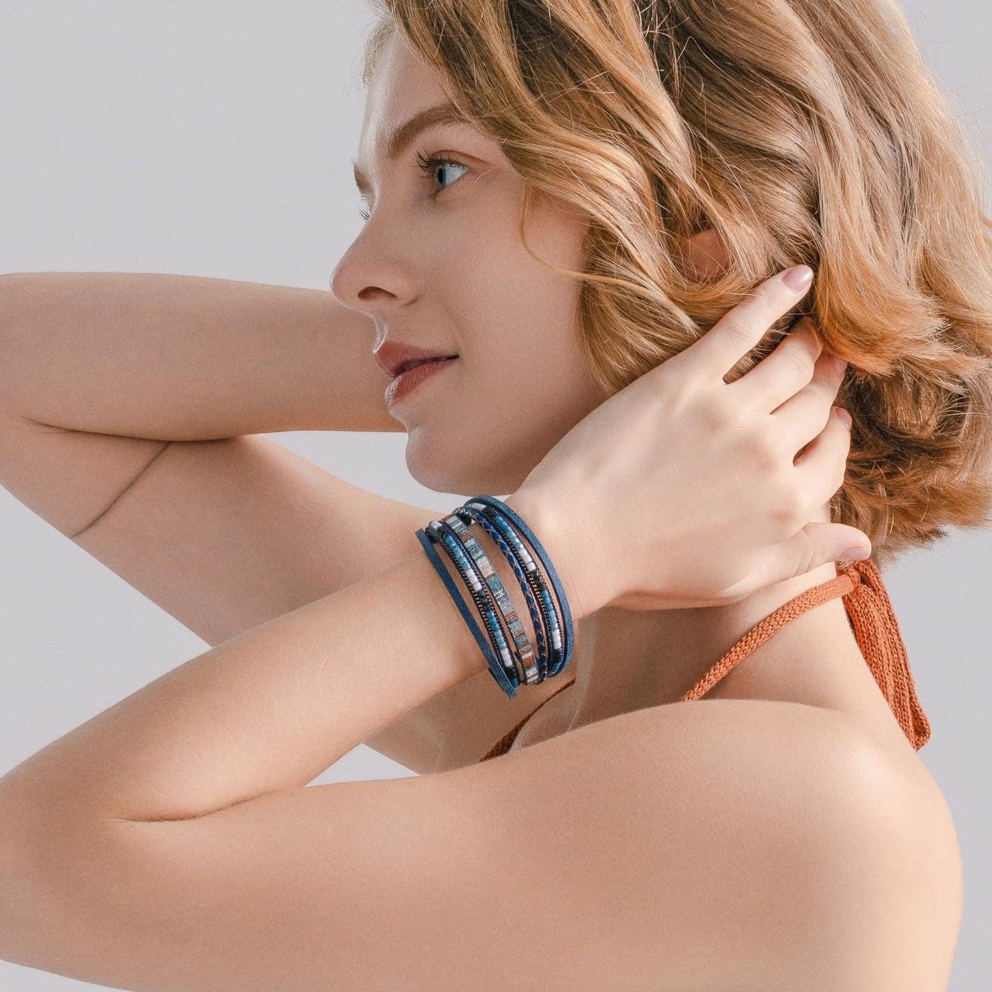 FANCY SHINY Boho Leather Wrap Bracelets Trendy Layered Bracelets with Magnetic Clasp Strackable Bohemian Cuff Jewelry Gifts for Women(Navy Blue)