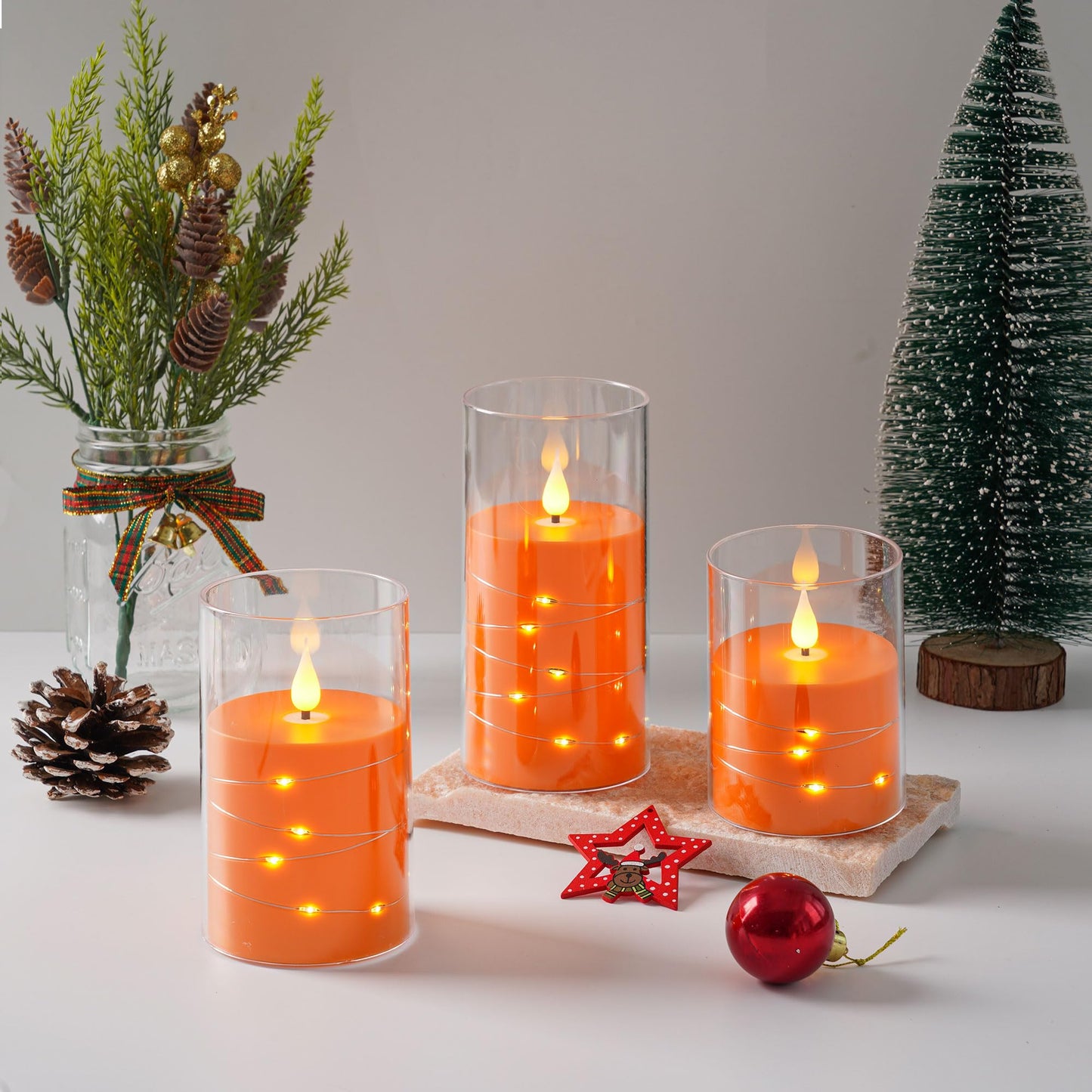 Da by 3 Pack Orange Transparent Acrylic Flameless Taper Candles, Flickering Black Wick LED Candles with Fairy String Lights, Heat Resistant ABS Candles with Remote for Indoor Outdoor Decor