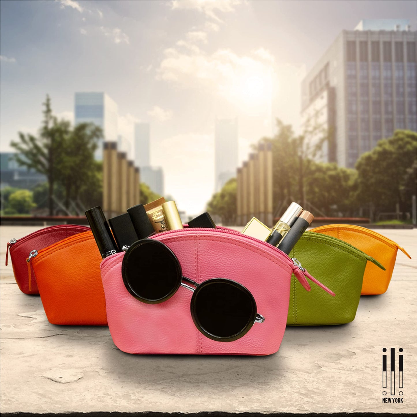 ili New York Genuine Leather Cosmetic Pouch – RFID Blocking, Leather Makeup Bag for Purse with Top Zip Closure & Interior Zip Pocket, Perfect as a Compact and Stylish Travel Cosmetic Bag