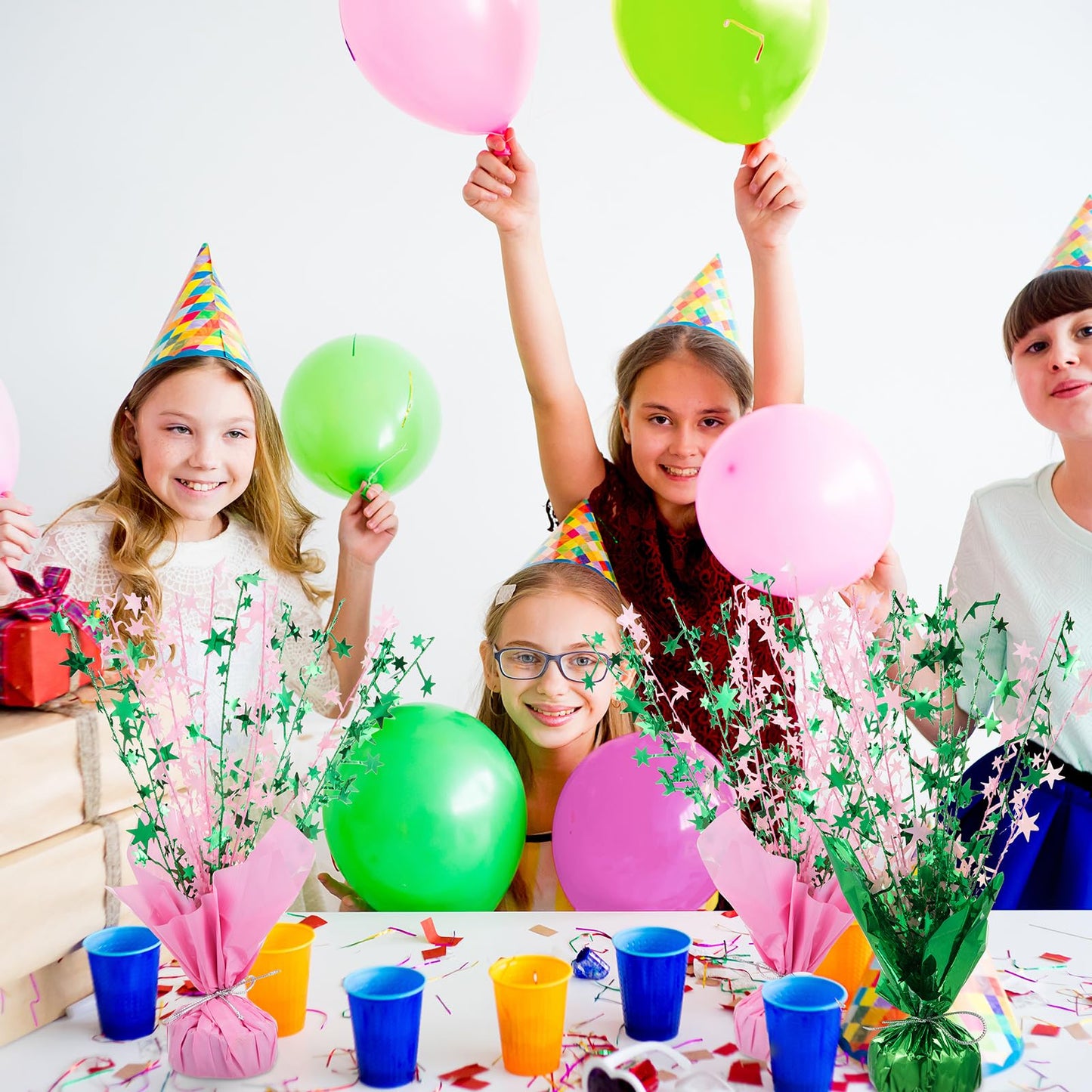 Geelin 6 Pack Pink and Green Witch Party Centerpieces, Metallic Foil Spray Star Table Decorations for Witch Princess Sorority Birthday Holiday and Fantasy Theme Celebrations