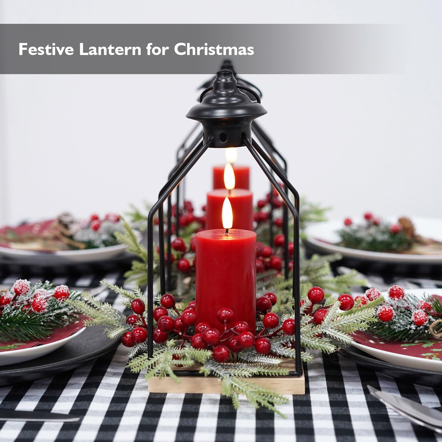 Rhytsing Christmas Table Centerpieces, H10 Inches Decorative Lantern with Real Wax Red LED Flameless Candle and Christmas Cedar Candle Ring, Battery Powered Metal Hanging Lanterns with Timer