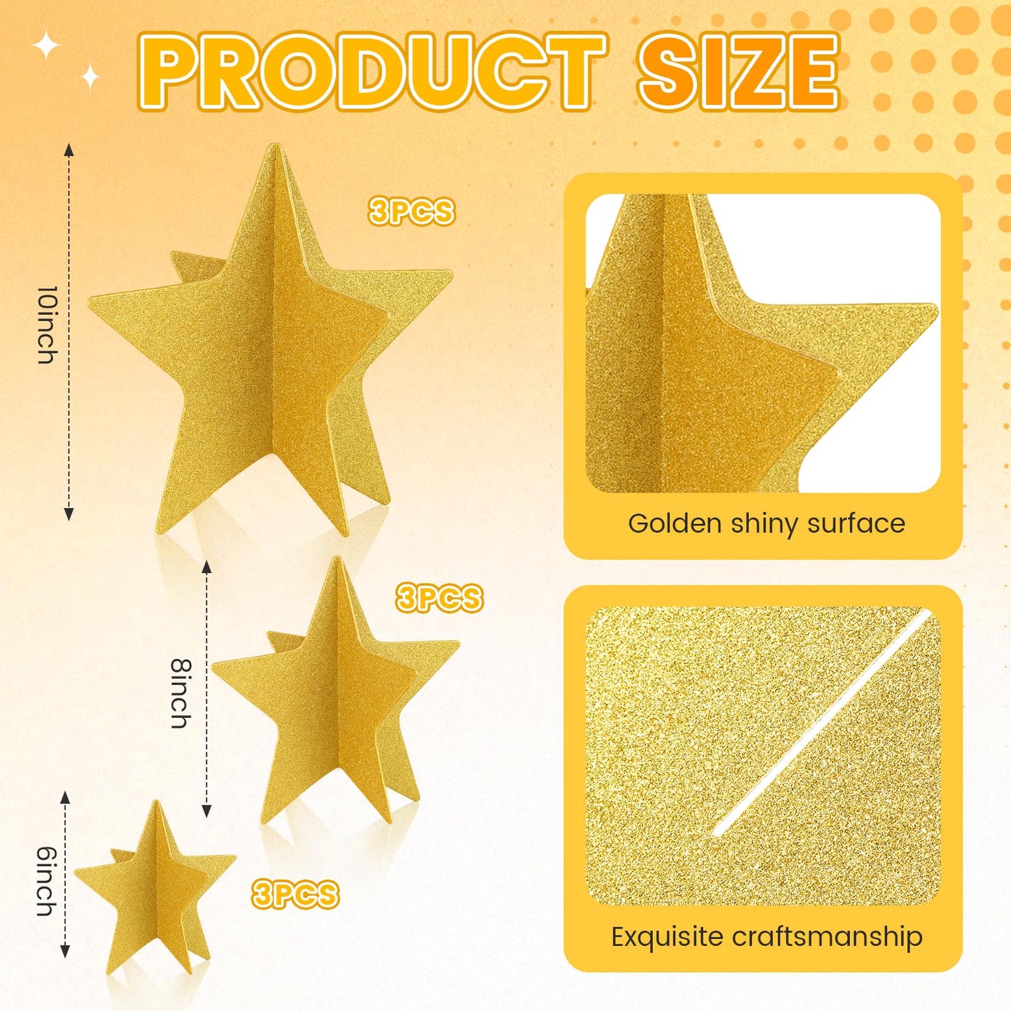 AmazingSpark 9 Pcs Large Star Centerpieces Gold 3D Back to School Star Table Decorations in 3 Sizes 10" 8" 6" for Birthday Party Baby Shower Gathering Ceremony Movie Night Supplies (Glitter Gold)
