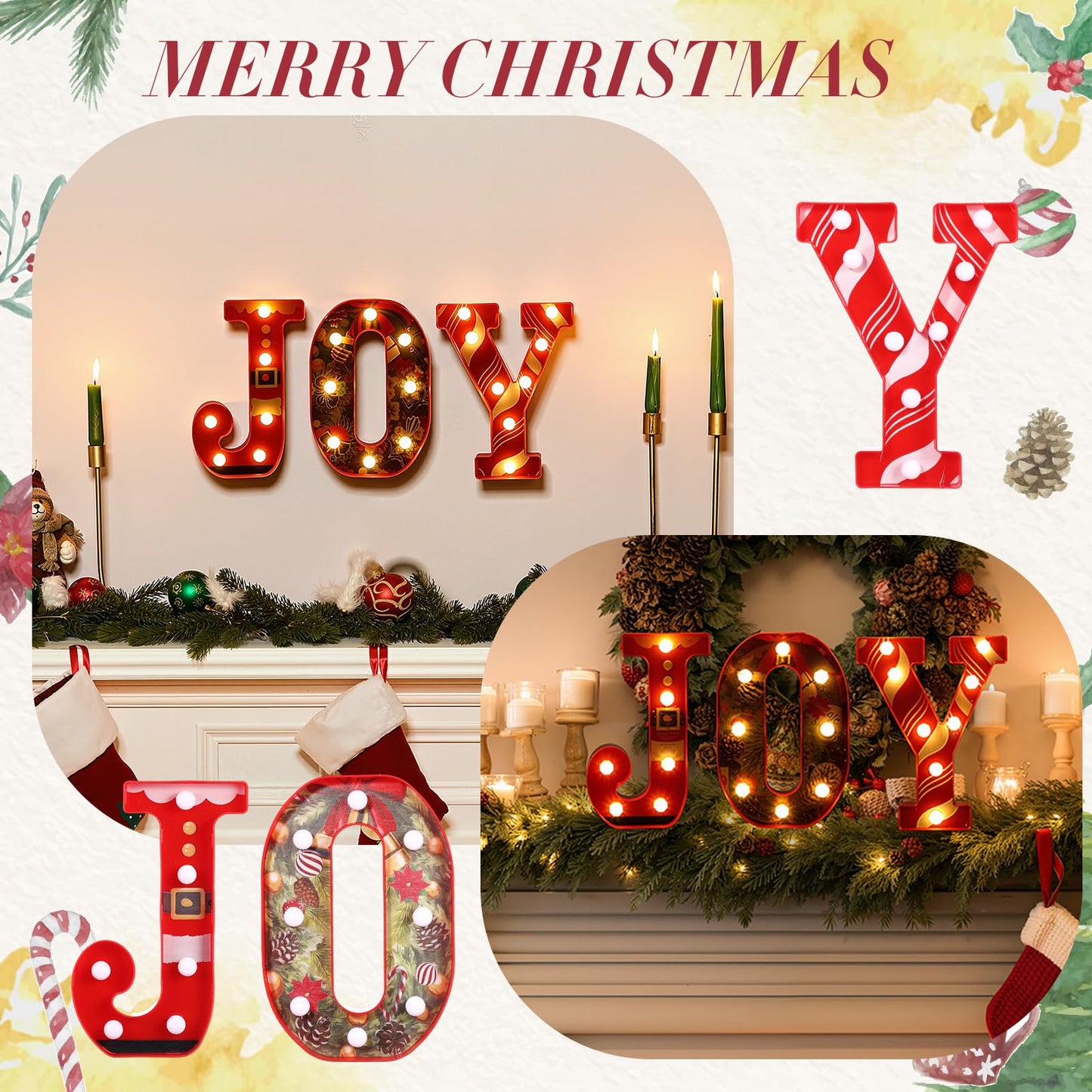 Honoson 3 Pcs LED Marquee Light Up Letters Joy Christmas Alphabet Letter Signs JOY LED Letter Lights For Mantle Home Bar Bedroom Tabletop Fireplace Wall Xmas Wedding Party Decor