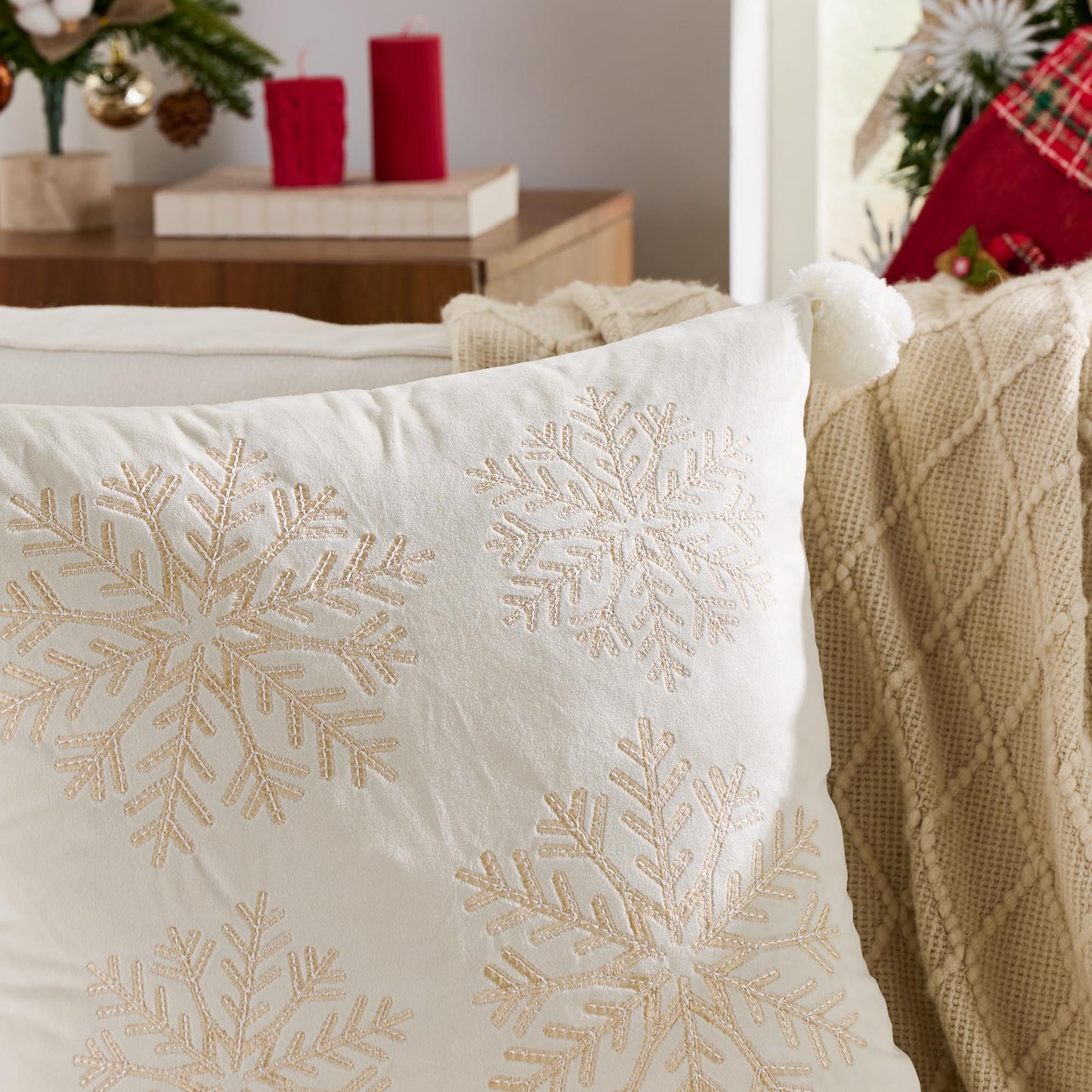 KINDREX Christmas Pom poms Snowflake Throw Pillow Covers 18x18 Set of 2 Winter Holiday Decorative Embroidered Soft Velvet Accent Pillowcase for Sofa Couch Bed Living Room Festivals Home Decor,White