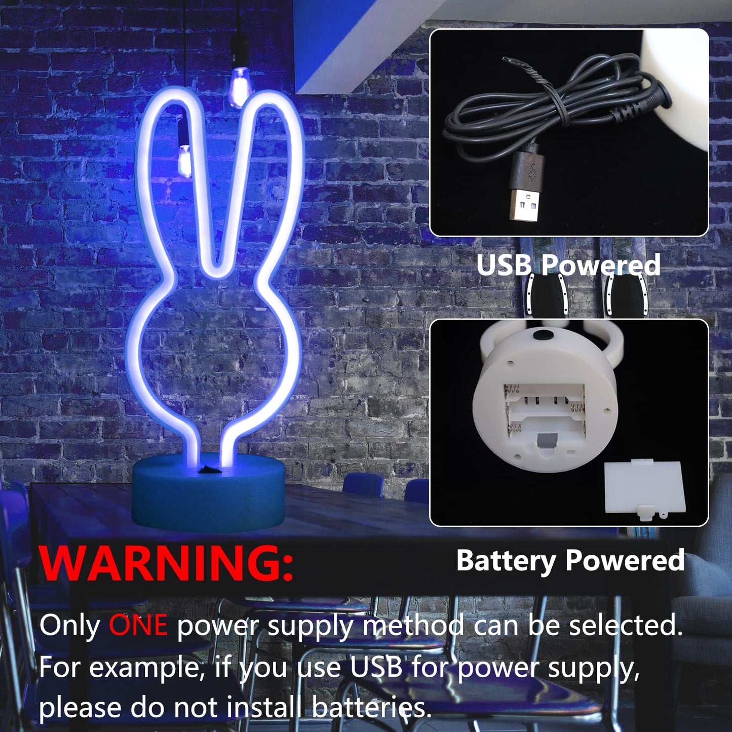 Easter Decorations Bunny Lights Neon Signs, Creative Bunny Neon Lights with Base Battery/USB Operated Rabbit Stuff for Home, Nursery Room, Baby Teen Kids Girls Bedroom, Spring Decor (Blue)