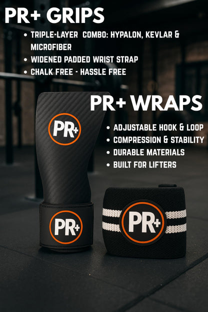 PR+ Triple Layer Chalk Free No Hole Gymnastics Grips + 18" Lifting Wrist Wraps Set – Hand otection & Wrist Support for Crossfit, Cross Training, Weightlifting, WOD (Medium)