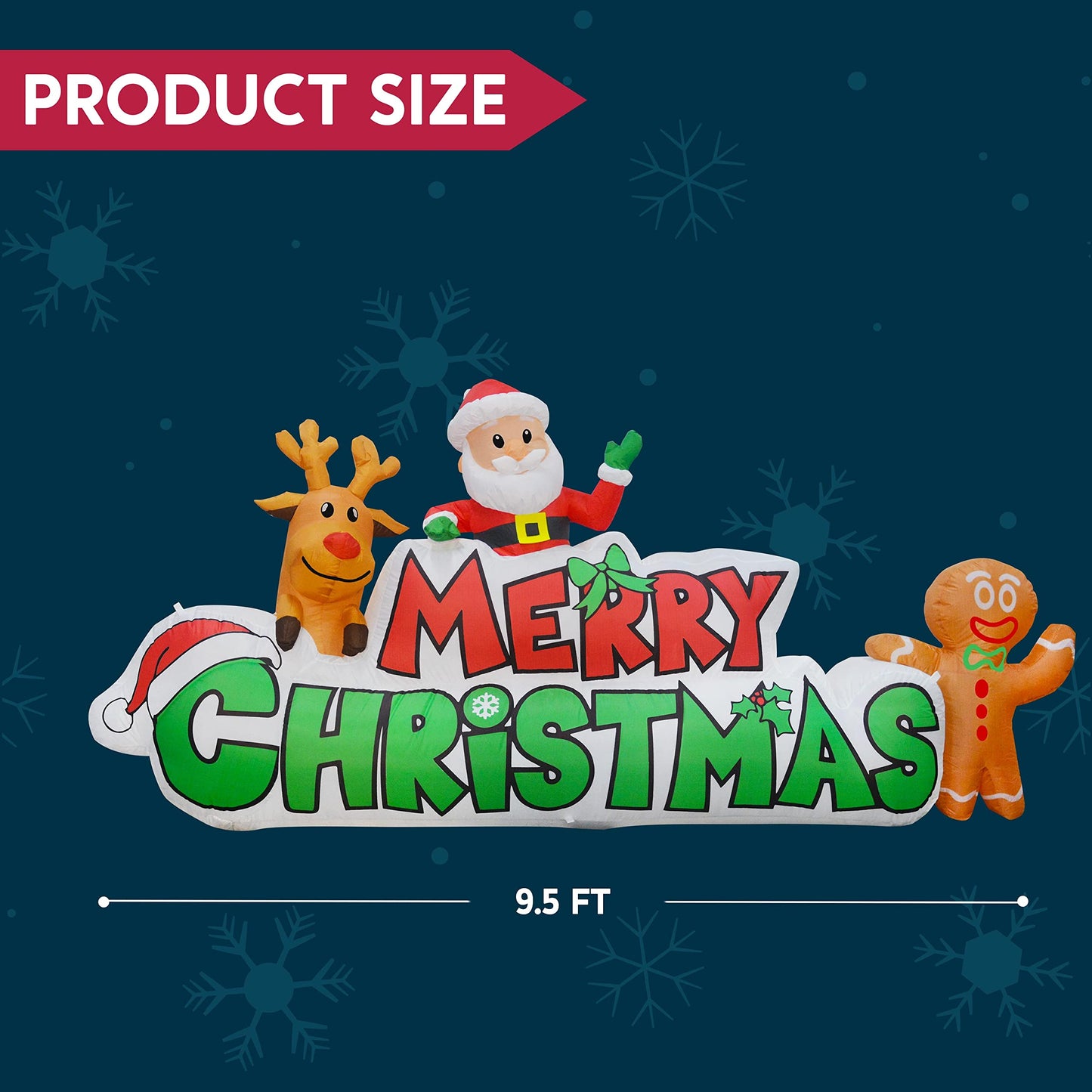 Joiedomi 9.5 FT Christmas Inflatable Merry Christmas Sign with Santa, Reindeer & Gingerbread Man – Built-in LEDs, Outdoor Yard Garden Lawn Winter Decor for Xmas Party