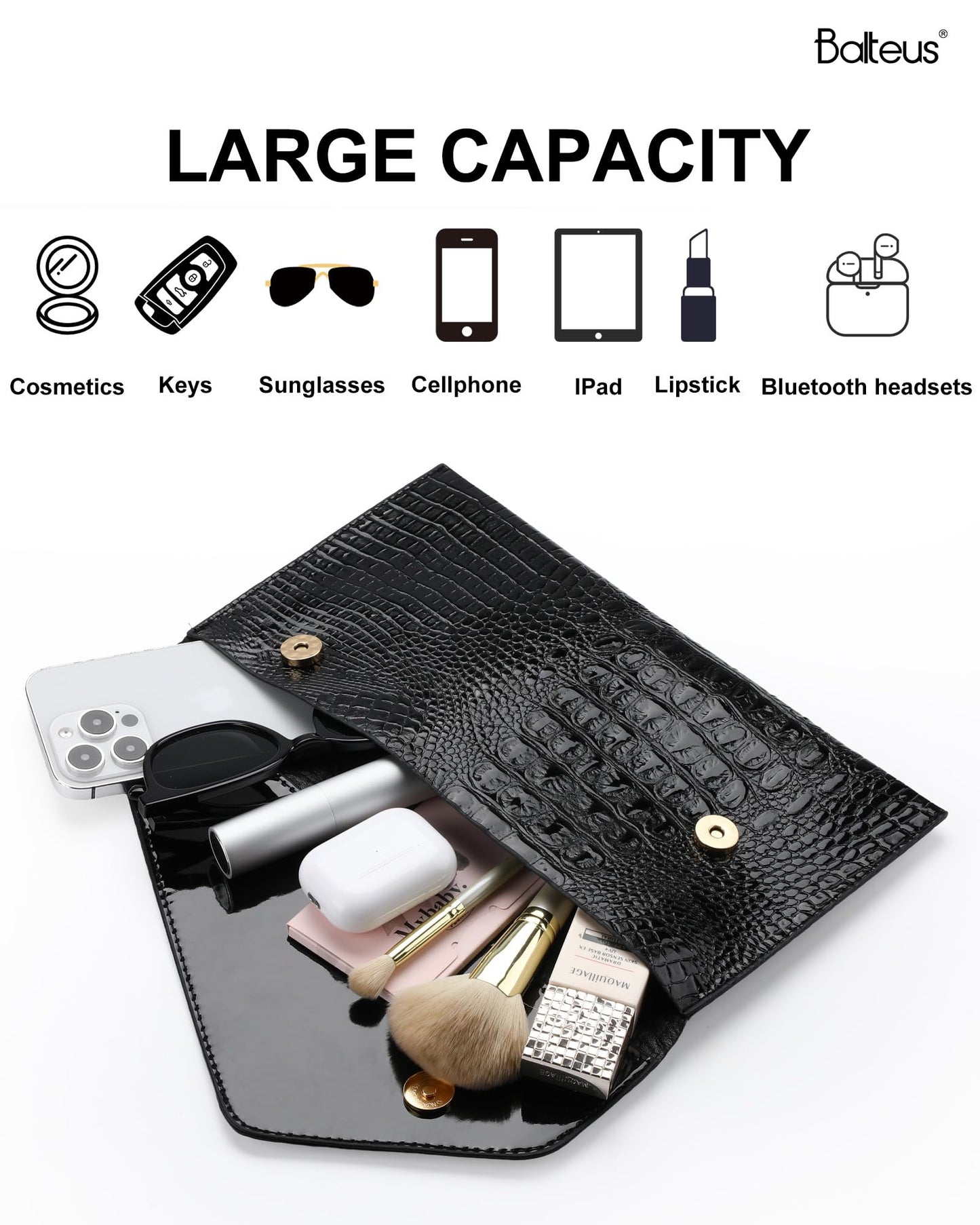 Balteus Black Clutch Evening Bags for Women, Croc-Embossed Metallic Handbags, Trendy Envelope Purse for Prom, Formal Party & Wedding Guest