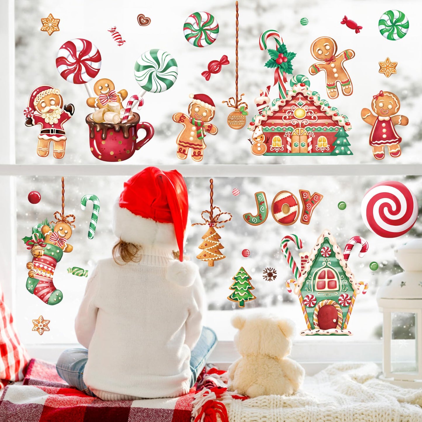 Wondever Gingerbread Man Wall Stickers - Peppermint Candy Cookie & Christmas Window Wall Art Decals for Party & Kitchen