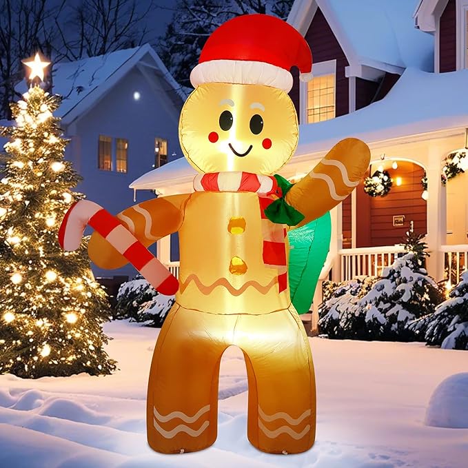 Christmas Inflatables 6 Ft Gingerbread Man with Gift Bag and Candy Cane, LED Lights Blow up Xmas Decorations for Indoor Outdoor Yard Garden Lawn Holiday Party Decor