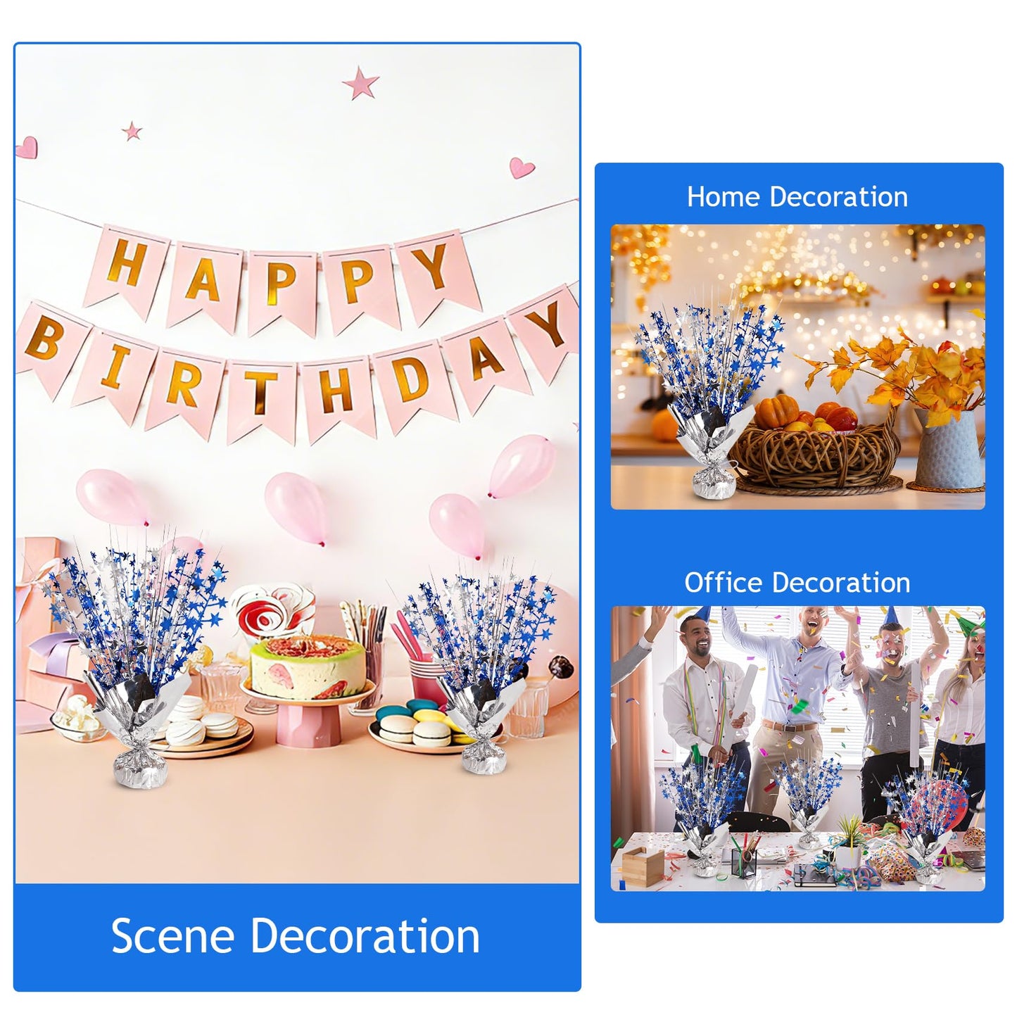 Metallic Foil Spray Centerpieces 12 Pack Star Table Decorations with Weighted Base, Metallic Starburst Table Centerpiece for Graduation 2026, Birthday, Party Decorations (Silver Navy Blue)