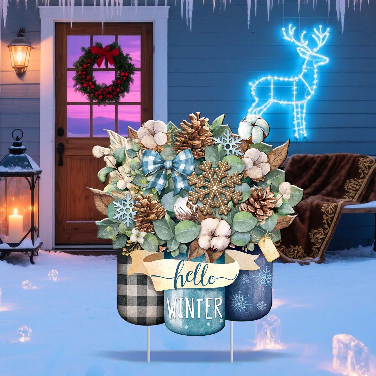 Memorywuu Metal Winter Christmas Decoration Hello Winter Yard Sign Stake 14.2 Inch Snowflake Mason Jar Outdoor Yard Decor for Christmas Party Outside Lawn Decorations Garden Patio Walkway