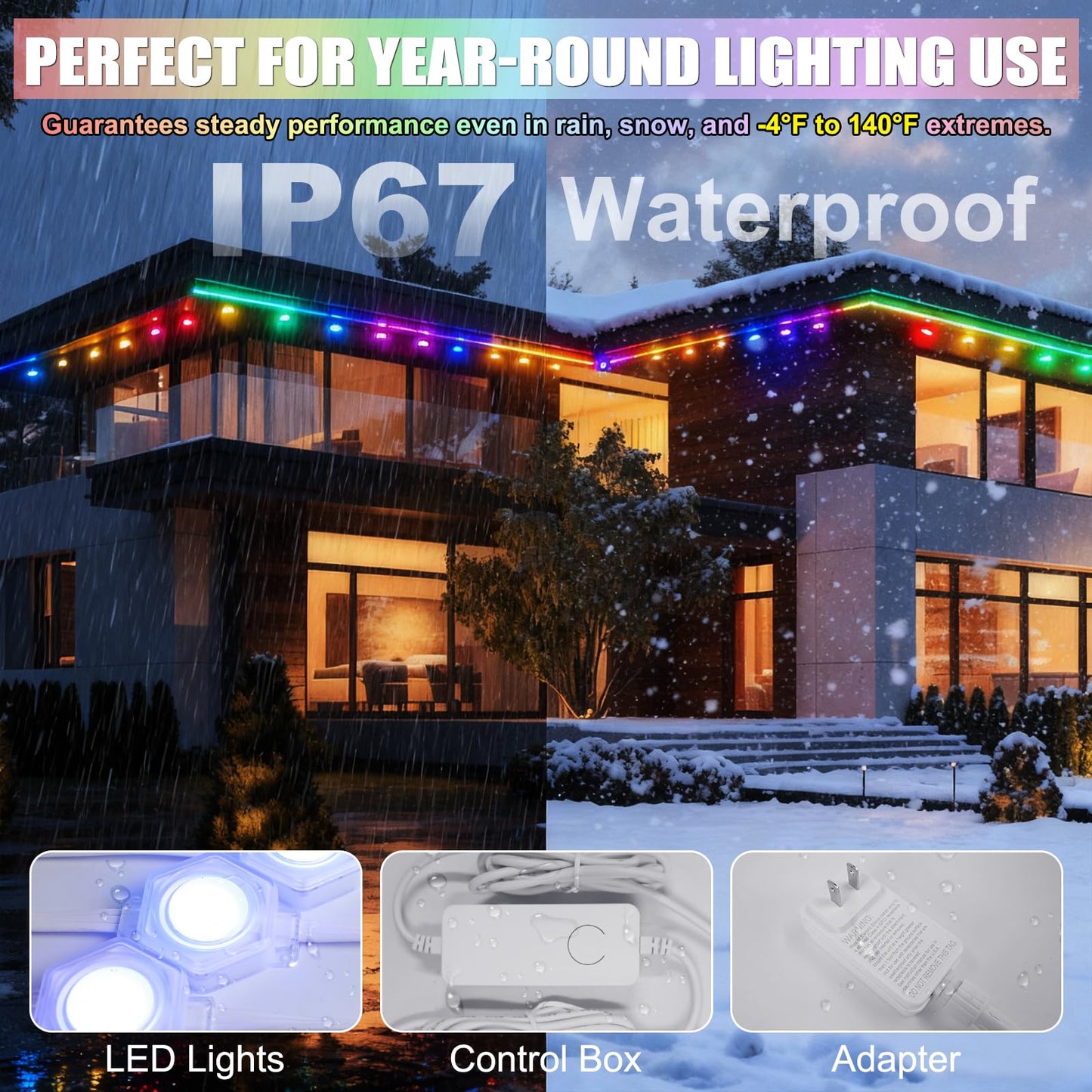 Permanent Outdoor Lights, ASTRAEA 100ft RGBW Smart Eaves Lights with APP & Remote Control, IP67 Waterproof LED Roof Lighting, DIY Scenes Modes for House Roof Decor, Christmas, Party, Holiday and Daily