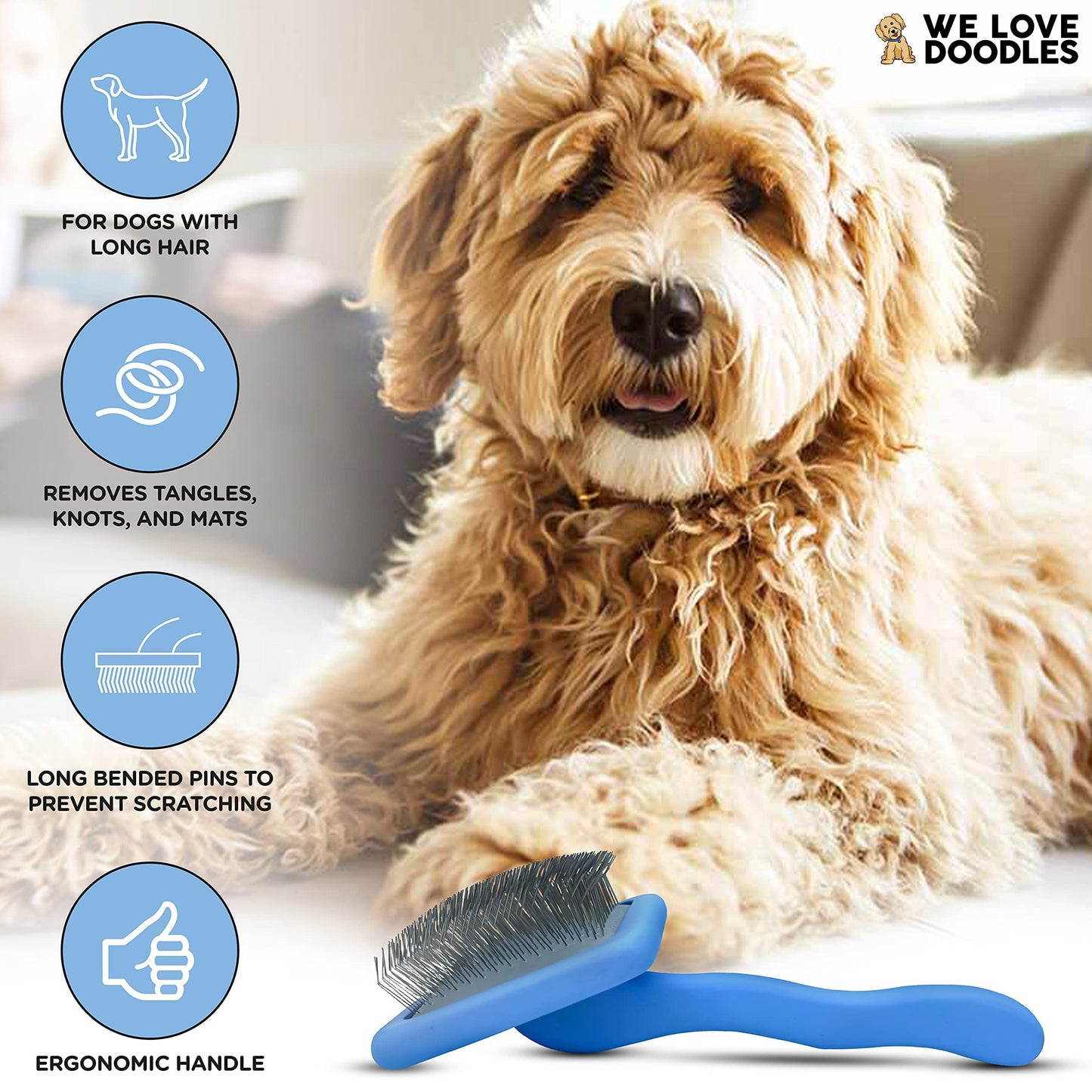 Slicker Brush for Dogs, Dog Grooming Supplies - Best Doodle & Poodle Brush for Long Haired Dogs - Goldendoodle Long Pin Detangler For Dematting (Large Curved)
