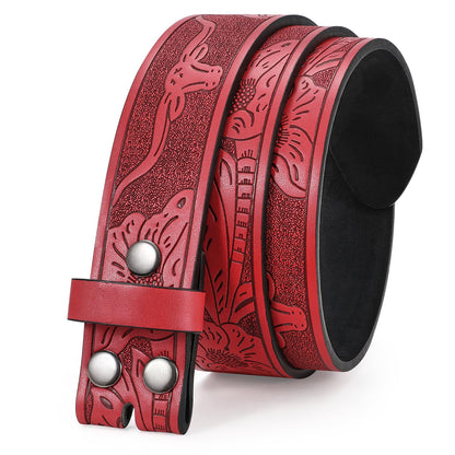 UpFind Western Leather Belt Strap without Buckle for Women Men Retro 1.5" Wide Floral Engraved Cowboy Cowgirl Belts for Jeans, Red