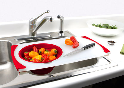 Dexas Over the Sink Poly Cutting Board with Collapsible Colander Strainer, 11.5 x 20", Natural/Gray