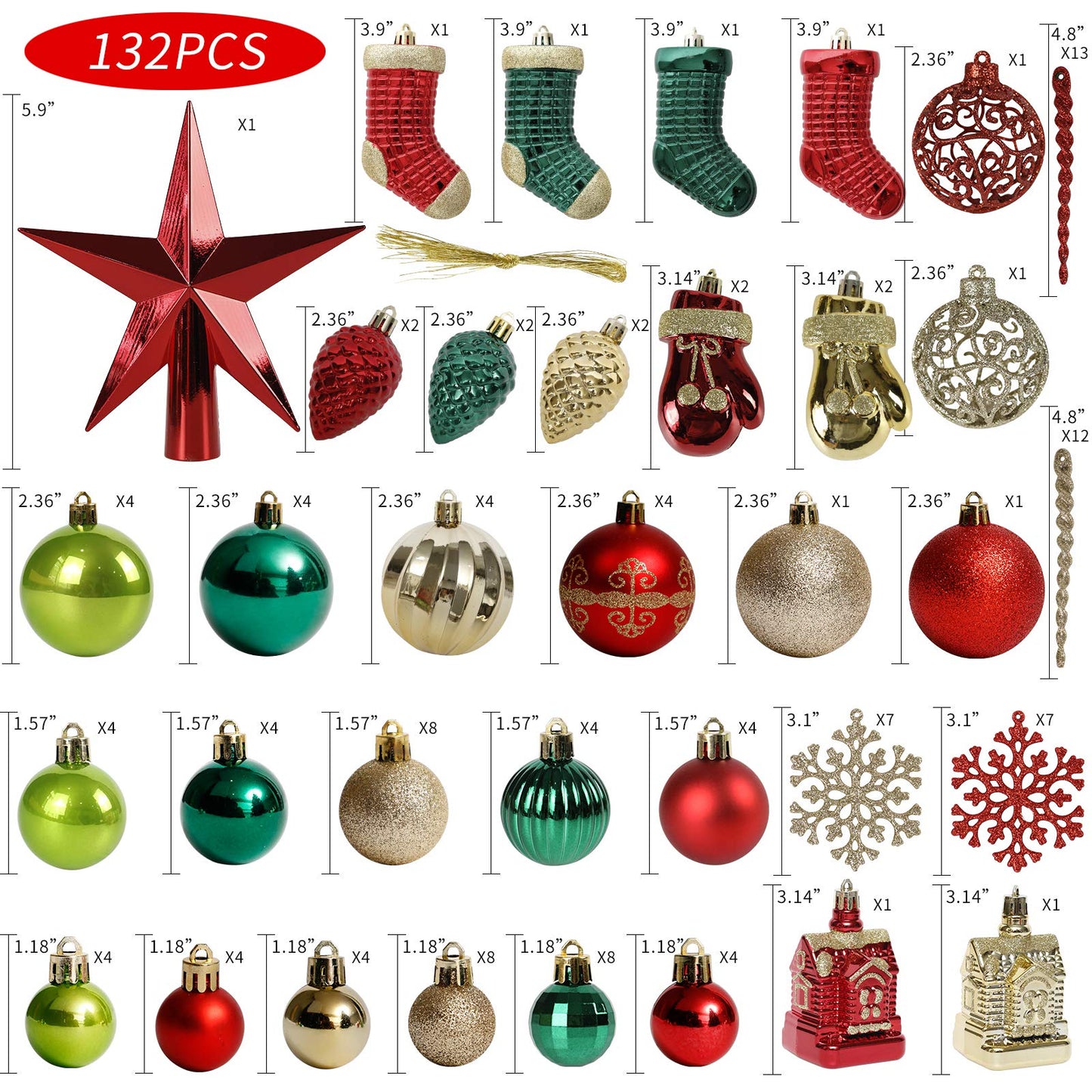 ROSELEAF 132pcs Christmas Tree Decoration Set - Red, Green & Gold Shatterproof Hanging Ornaments - Folk Art Style - Christmas, Wedding, Anniversary