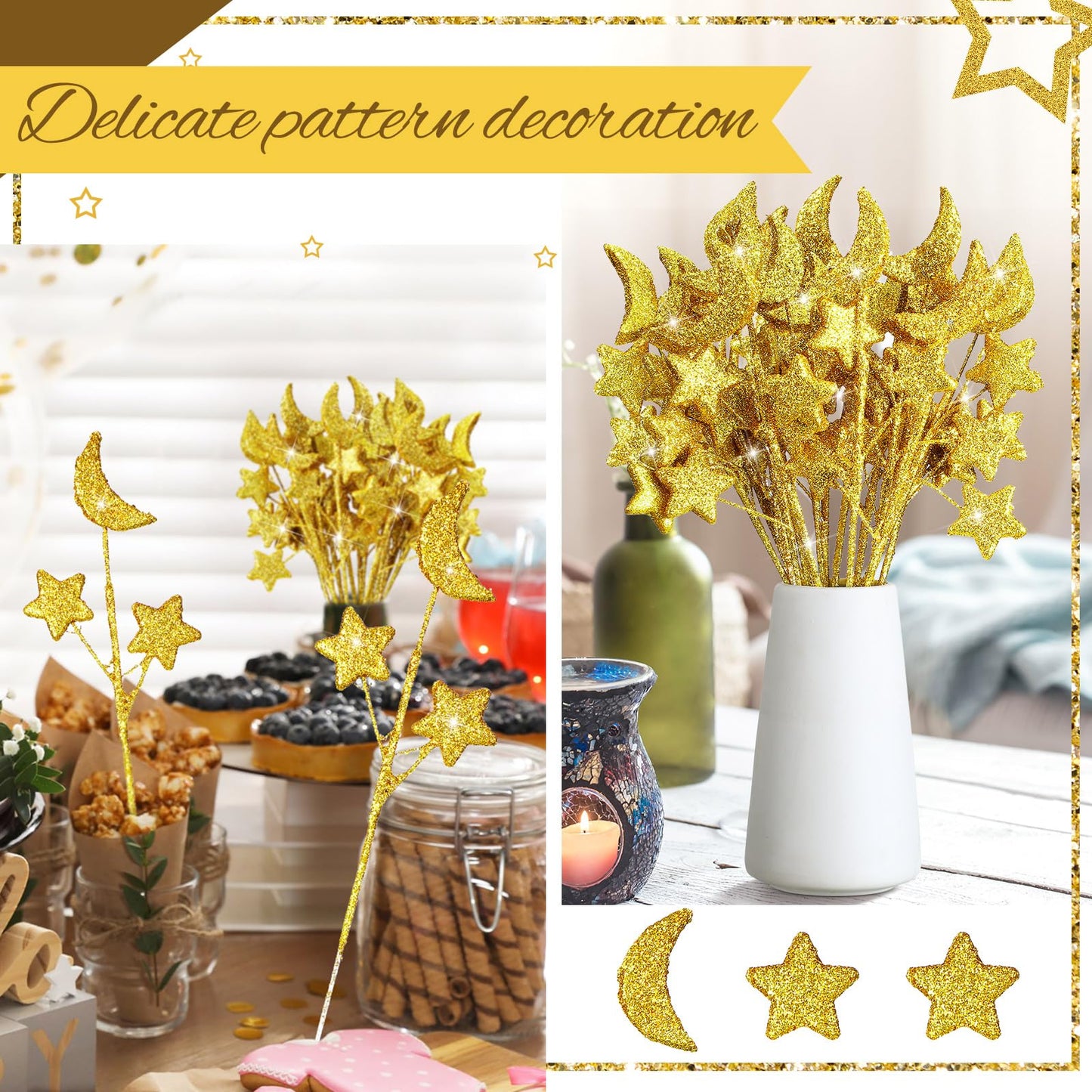 Wavwavw 24 Pcs Moon Star Floral Picks Gold Moon Star Stem Vase Filler Baby Shower Decor Glitter Twinkle Stem Table Decoration for Table Centerpiece Home Living Room Wedding Birthday Party, 12.2 Inch