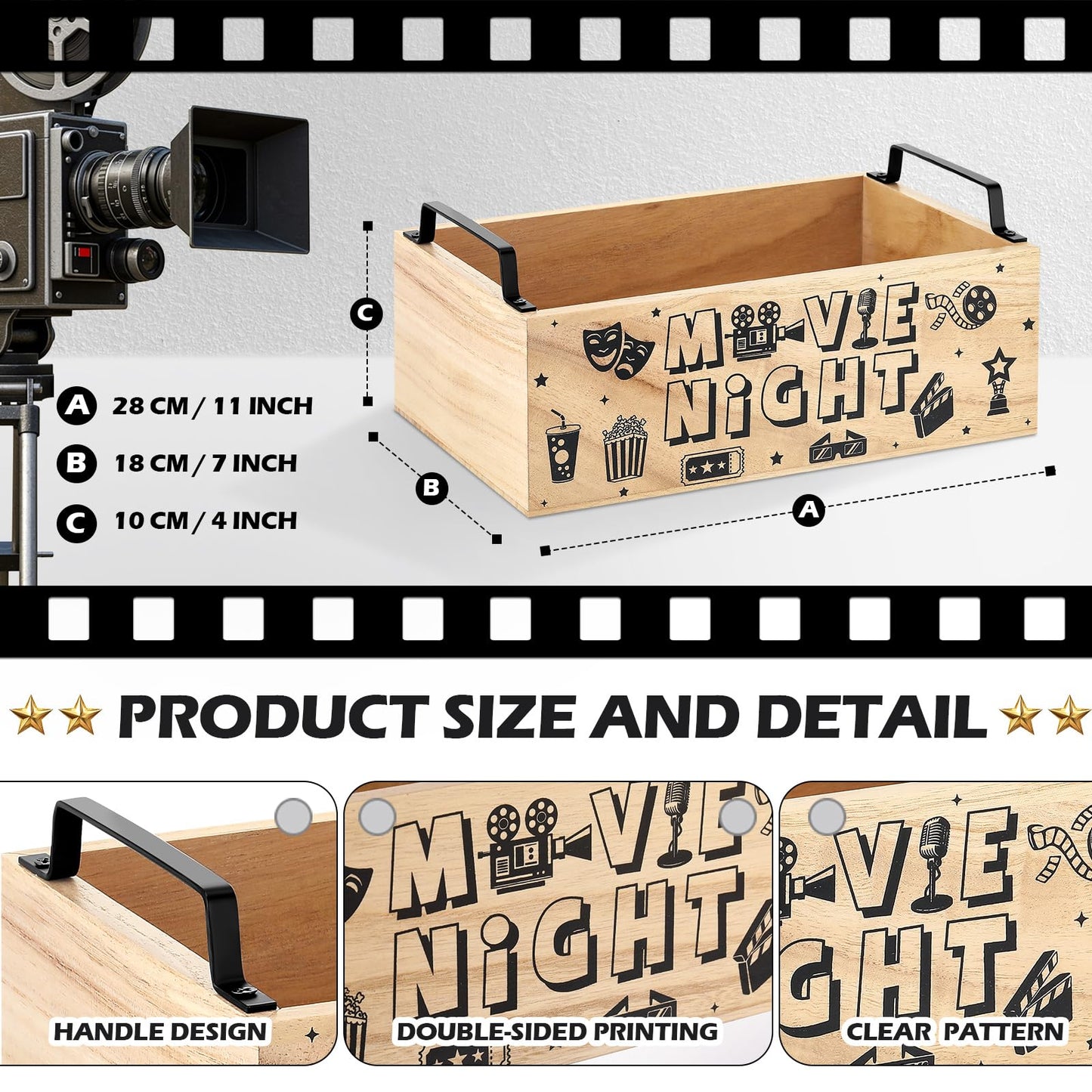 Sliner Movie Night Snack Trays with Handles Reusable Wood Movie Gift Basket Popcorn Bucket Bowl Box Container for Cinema Party Family Theater Christmas Countertop Chips Candy Popcorn Kitchen Supplies