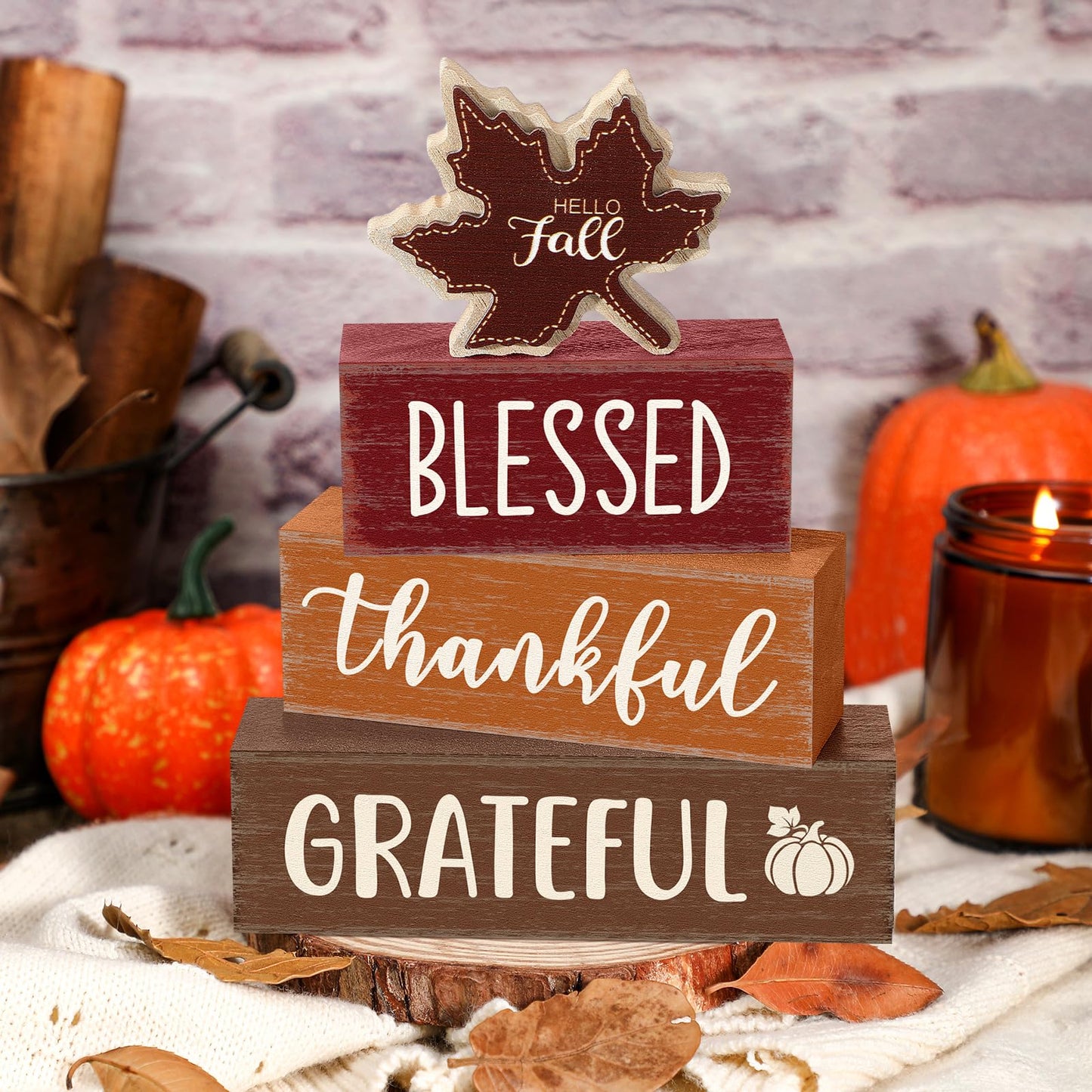 Yousoontic 4 Pcs Hello Fall Wooden Table Decorations Maple Leaf Autumn Rustic Block Signs Centerpiece Tiered Tray Decor Thanksgiving Wood Farmhouse Tabletop Decor Gift for Kitchen Entryway Home Desk