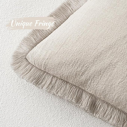 MIULEE Christmas Decorative Throw Pillow Covers Neutral Linen Fringe Throw Pillows Set of 2 Natural Beige Boho Farmhouse Cushion Covers with Tassels for Couch Sofa Bed Living Room Decor 18x18 Inch