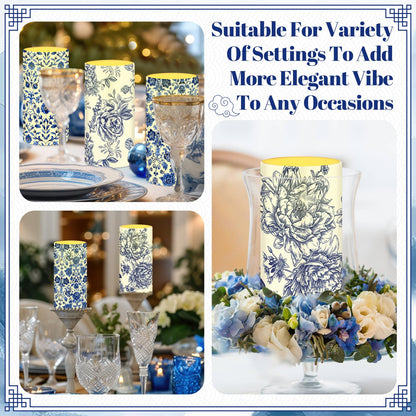 Tiamon 4 Pcs Chinoiserie Flameless Pillar Candles LED Blue and White Porcelain Candles Set Battery Operated Warm Light Flickering Chinoiserie Decor for Wedding Home Table Party Decoration